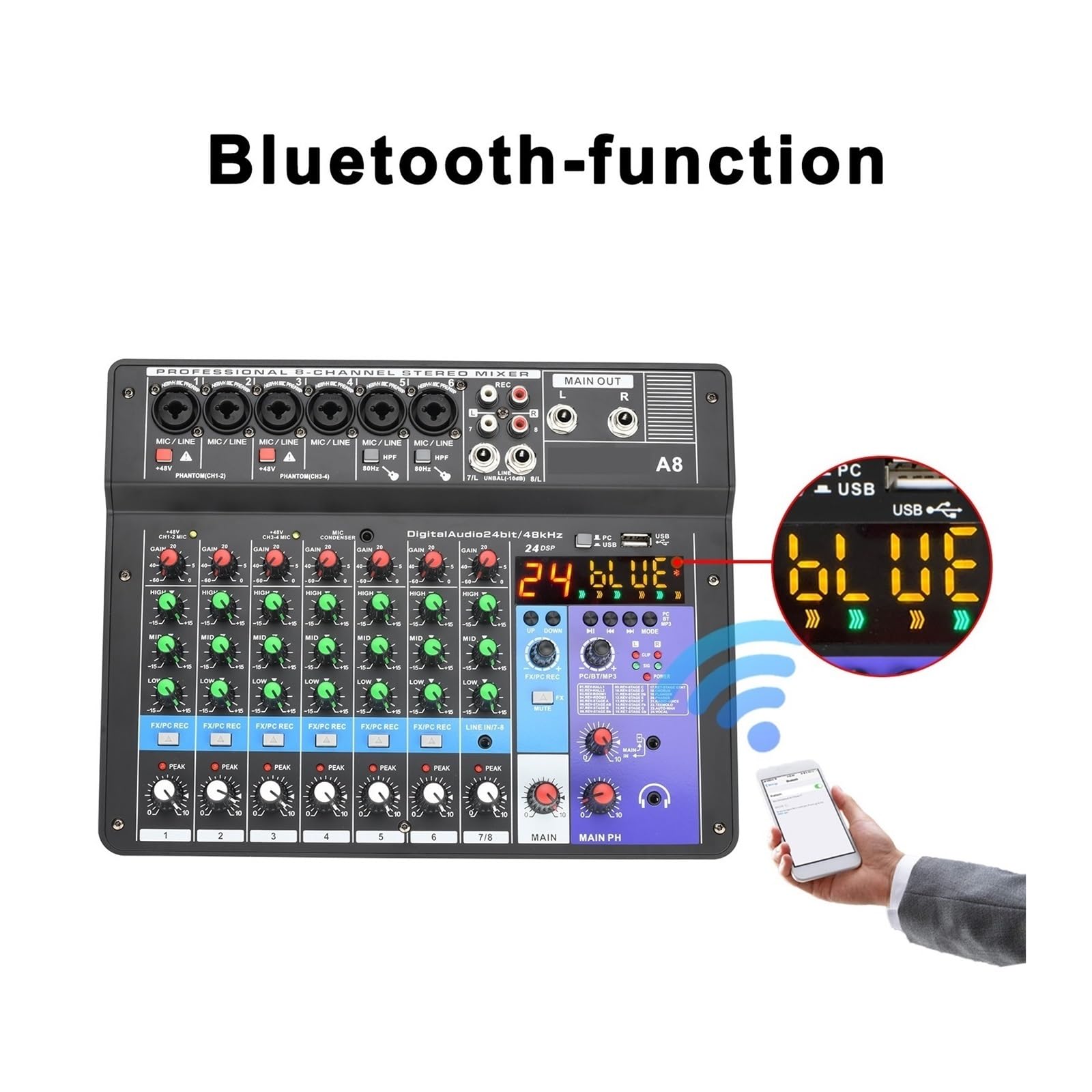 Audiomixer, 8-Kanal-DJ-Sound-Mischpult 24 DSP-Effekt-Audio-Mixer PC USB-Wiedergabe Aufnahme 48V Contoller Mischpult A8 für Studio-Karaoke
