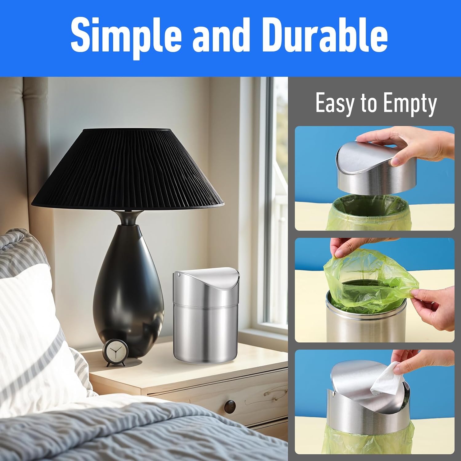 MAQUITA 2 Pcs Desk Trash Can with Swing Lids, 2L Brushed Stainless Steel Countertop Garbage Bin Small Wastebasket with Lid for Office Desk, Coffee Table