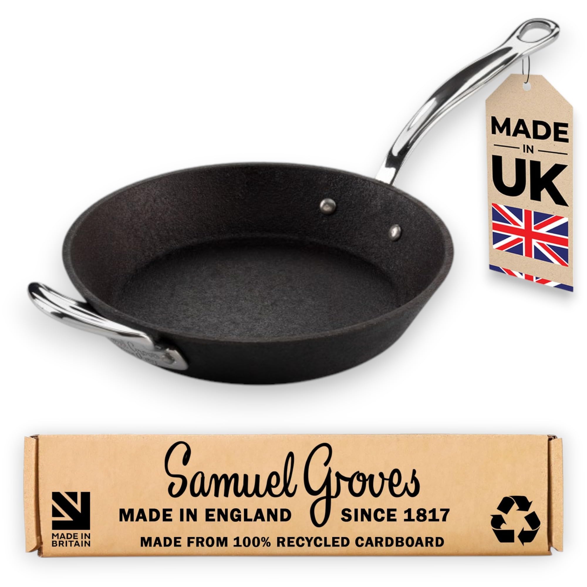 Samuel Groves Black Britannia Recycled Cast Iron Pre Seasoned Frying Pan Skillet Bbq Cookware Range Made In England (24Cm Skillet Frying Pan)