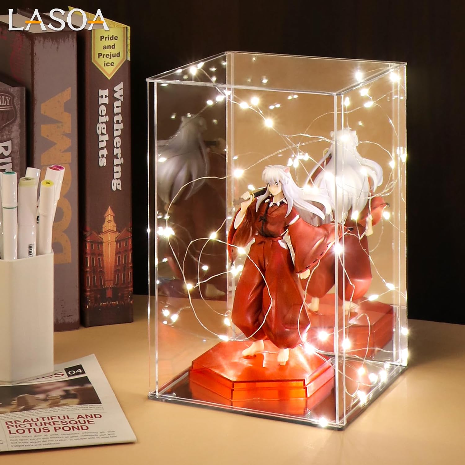 LASOA Acrylic Display Case for Collectibles – Clear Display Box with Mirrored Back and Base, Self-Assembly Showcase for Figurines, Models, and Memorabilia, 10x6x14inch