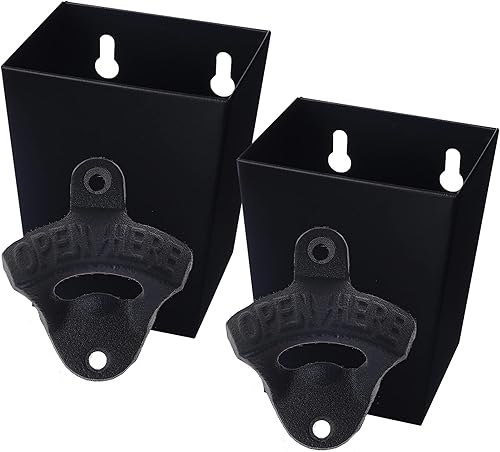 Abridor de botellas de cerveza de hierro fundido negro montado en la pared con colector de tapas (paquete de 2)