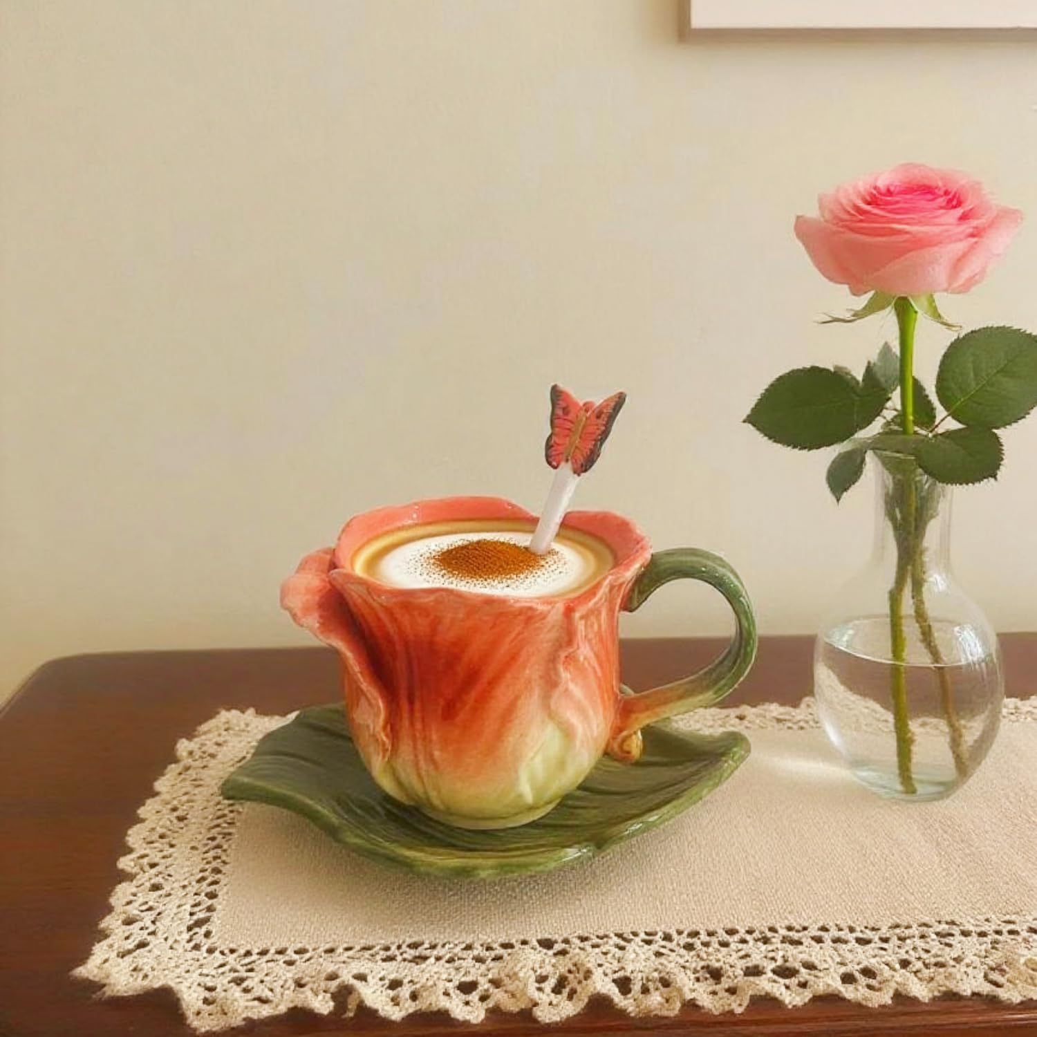 Ceramic Tea Cup and Saucer Set ，6OZ 3D Hand-Painted Flower Coffee Mug，Gift for Women -Orange Tulip - Image 2