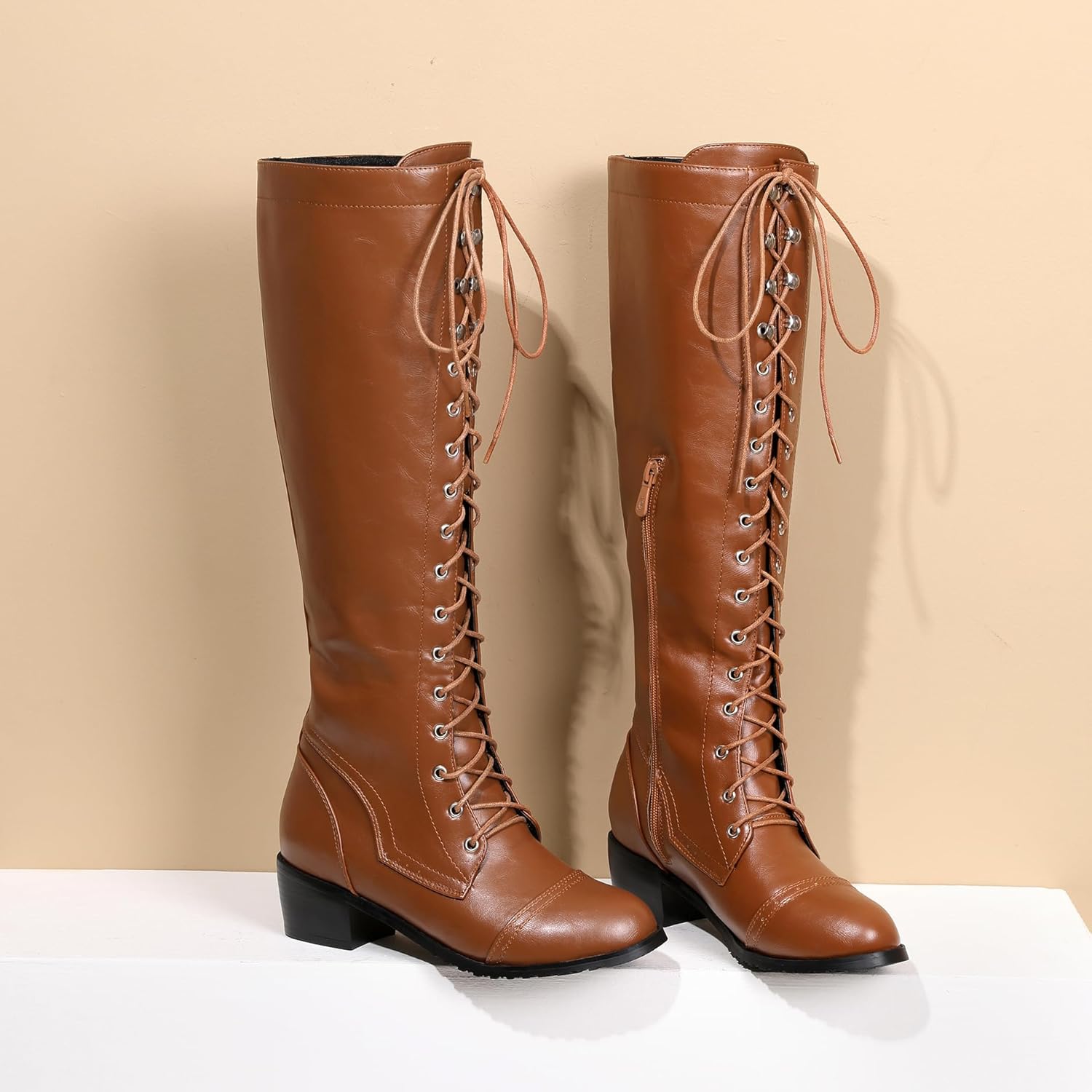 BEAUPAS Women's Knee High Combat Boots Lace Up Low Heel Military Tall Boots(Brown PU,8)