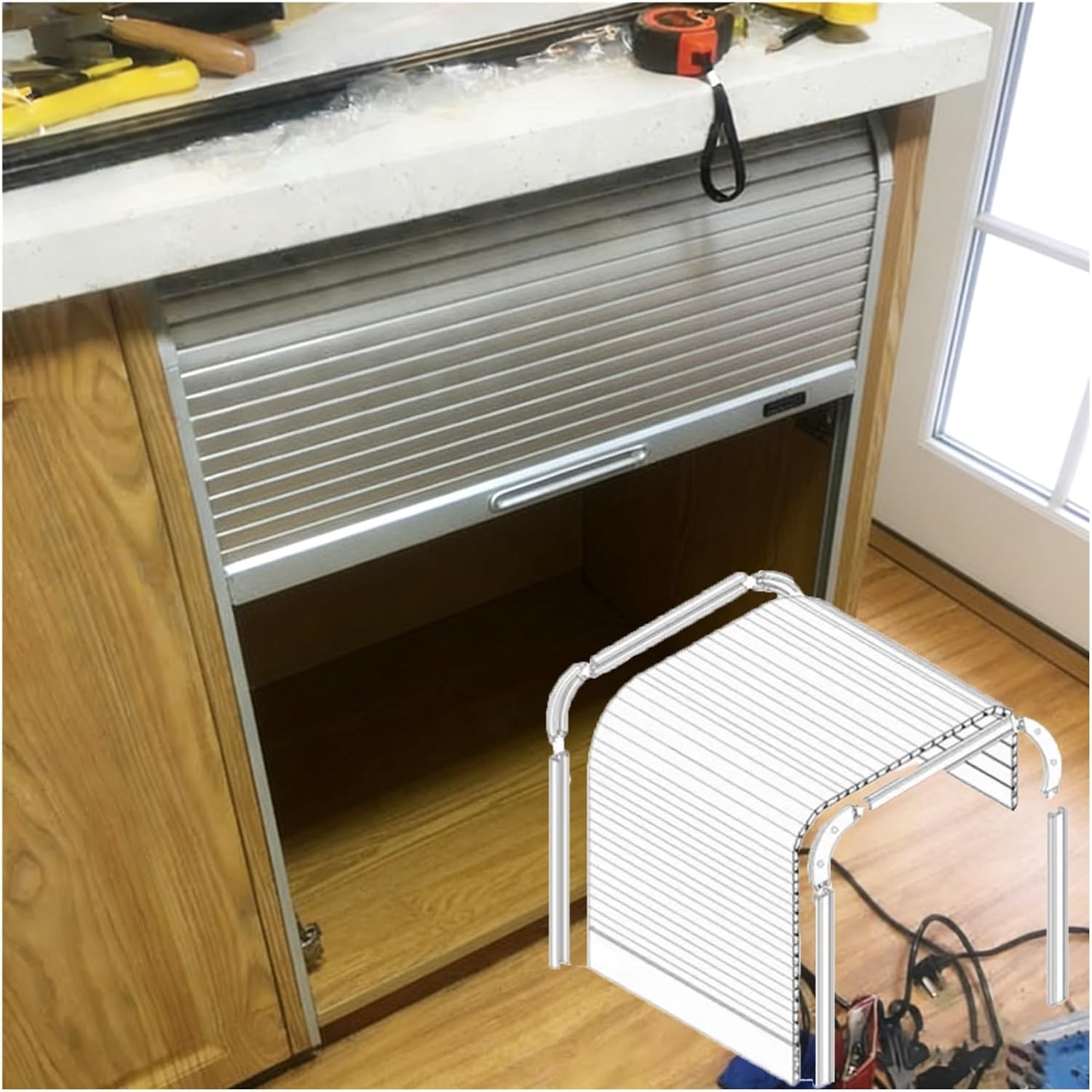 Aluminum Alloy Tambour Door for Kitchen Cabinet, Flexible Pull-Down Straight Sliding Roll Up Gate Kit for RV/Motorhome/Office/Hote(40x85cm (15.7x33.5"))