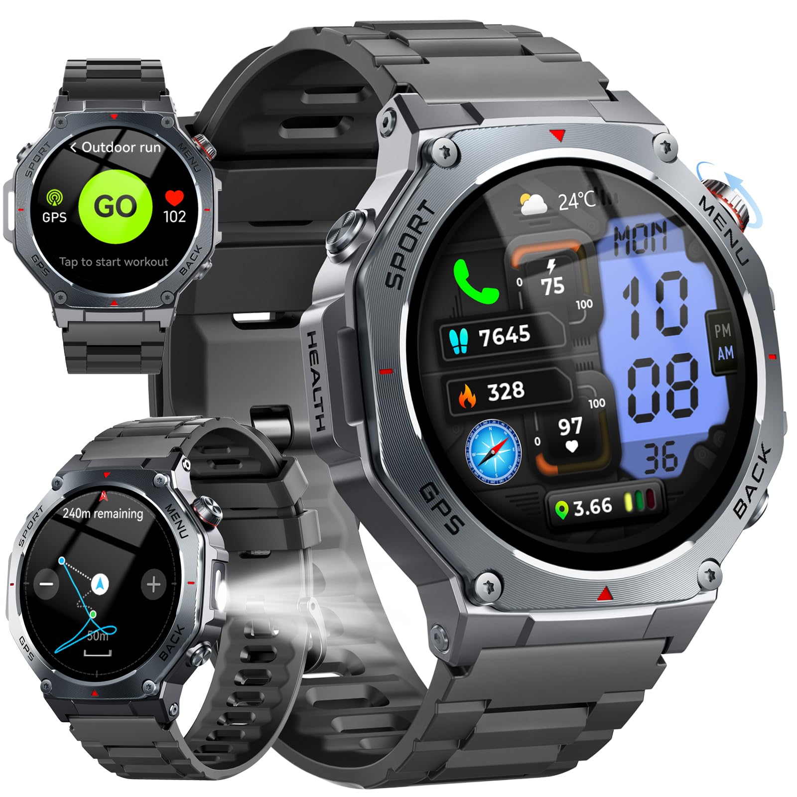 GPS Smart Watch for Men, 1.43" AMOLED Military Fitness Watch, Smartwatch with 5ATM Waterproof, 130+ Sports, Heart Rate/Sleep/SpO2 Monitor, Bluetooth Calling, Outdoor Fitness Tracker for Android iOS