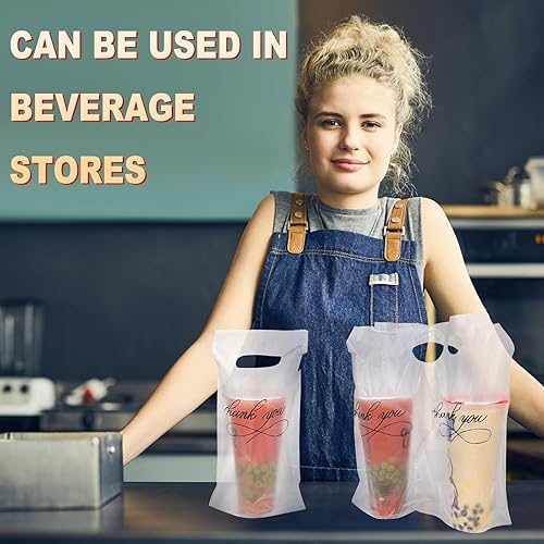 Miniatura 7 de MJOGGOTT 1000 bolsas de polietileno para beber, bolsas de plástico transparente con diseño de agradecimiento para bebidas, portadores de bebidas con