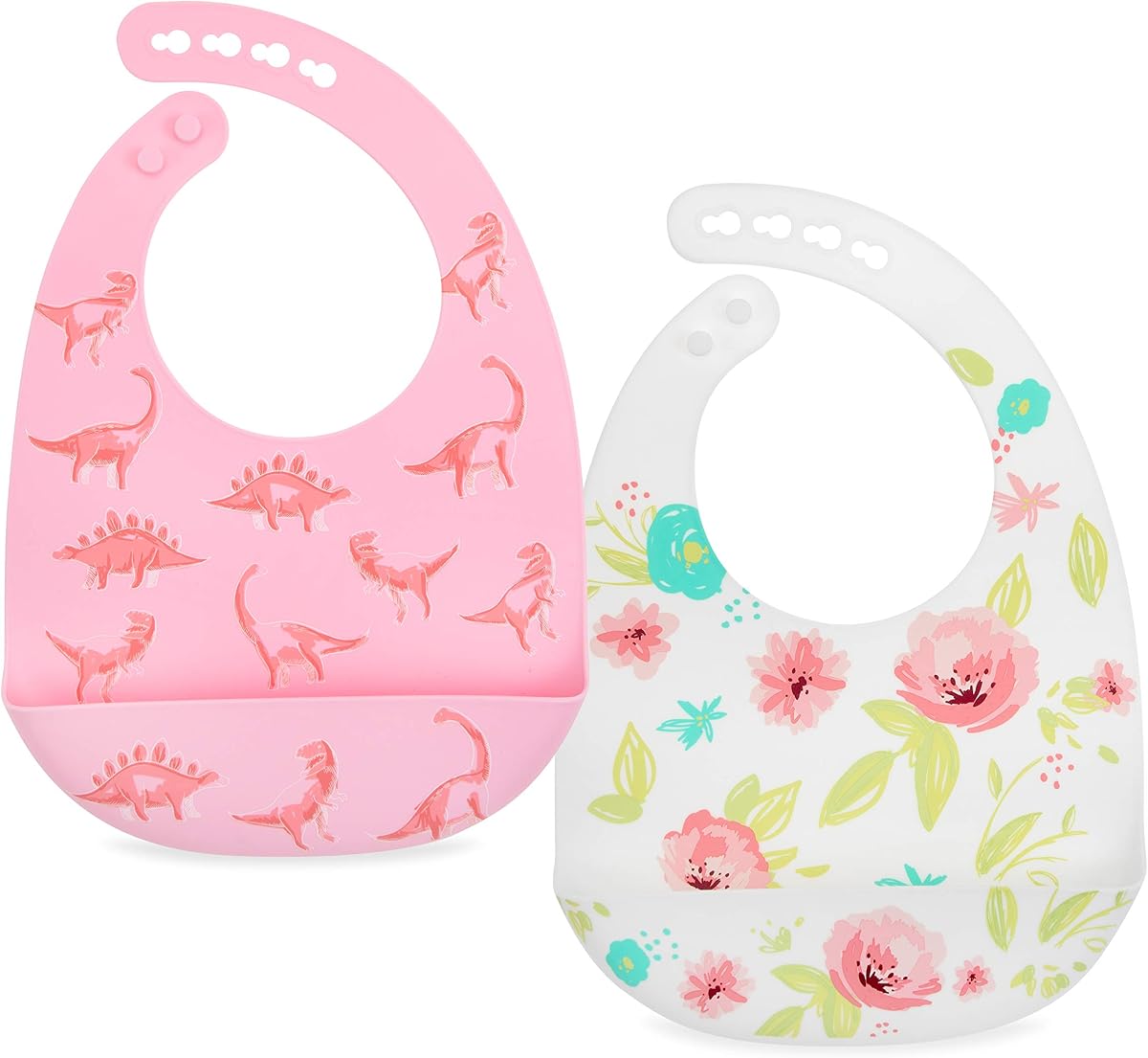 Nuby Adjustable Easy Clean Soft Silicone Bibs - 2 Pack | Scoop - Pink Dinosaurs and Flowers
