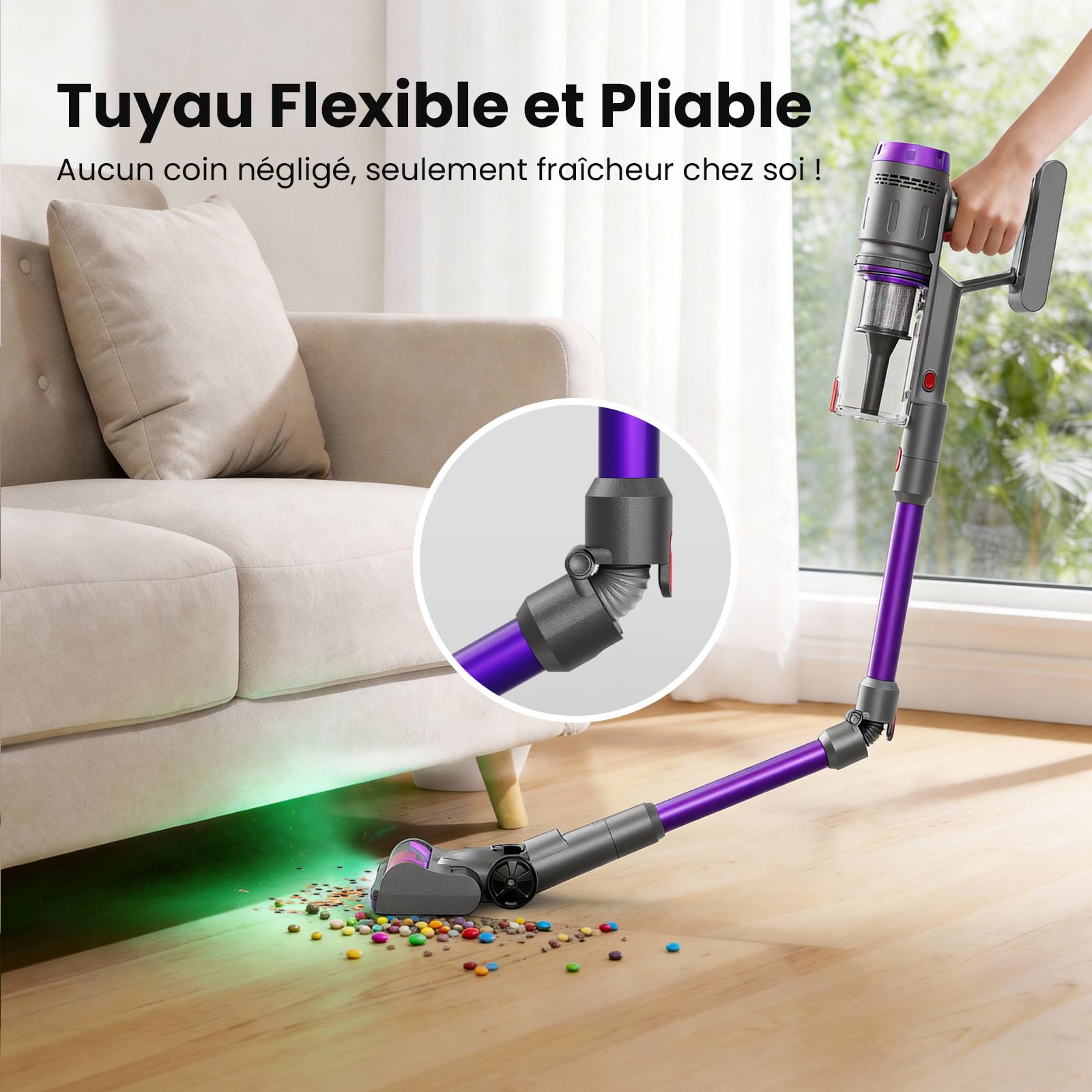 Aspirateur Balai sans Fil 600W/58000Pa/75min, Aspirateur sans Fil Puissant avec Mini Brosse Turbo Anti-Acariens, Tube Pliabl, Brosse Anti-emmêlement, pour Tapis, Sols Durs, Poils d'animaux