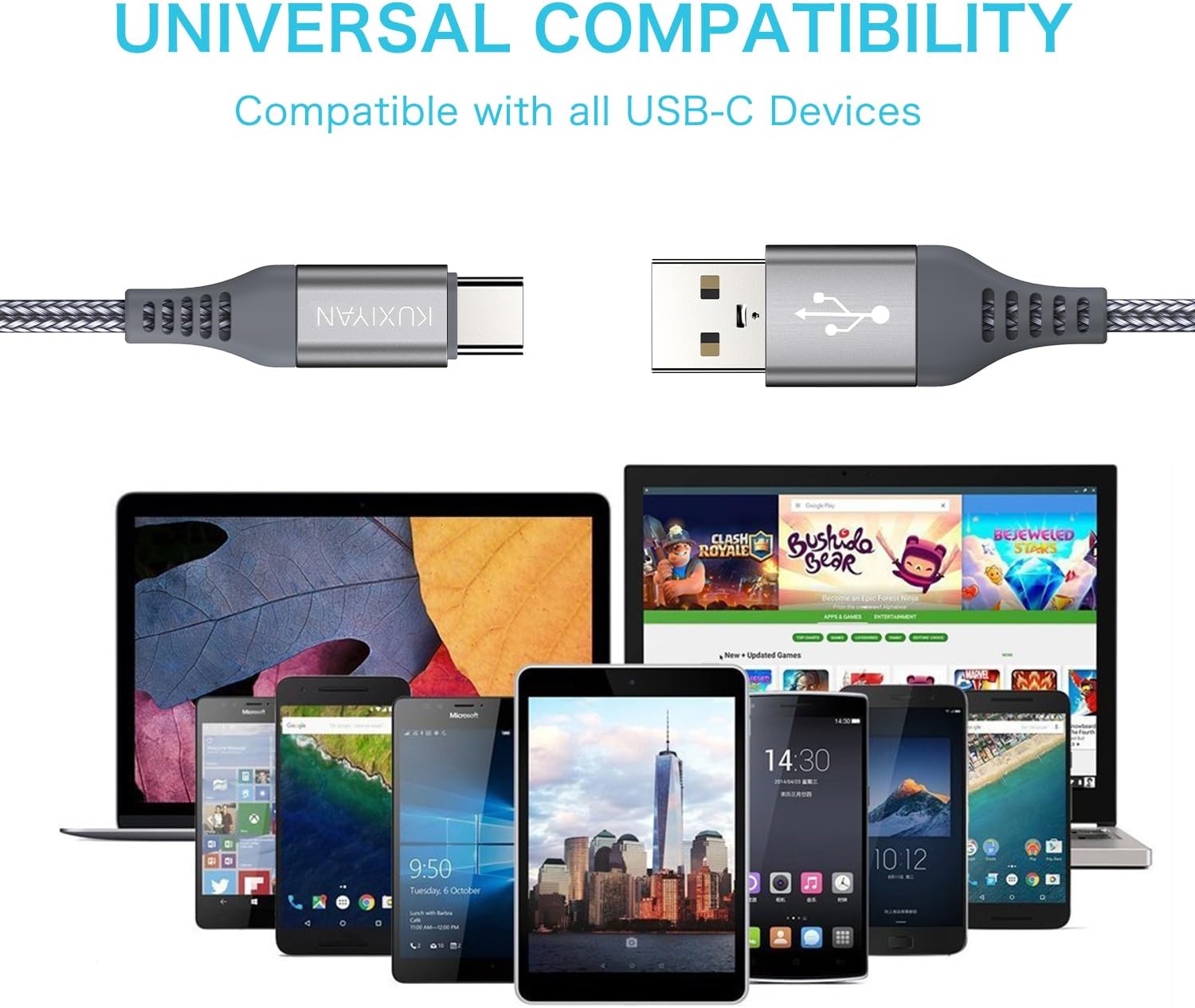 KUXIYAN Short USB Type C Cable,(1ft 2-Pack) USB-C Charger Nylon Braided Fast Charging Cord Compatible with Samsung Galaxy S9 S8 Plus Note 9 8 Google Pixel 2 XL,LG G7 V35 ThinQ,V30(Grey)