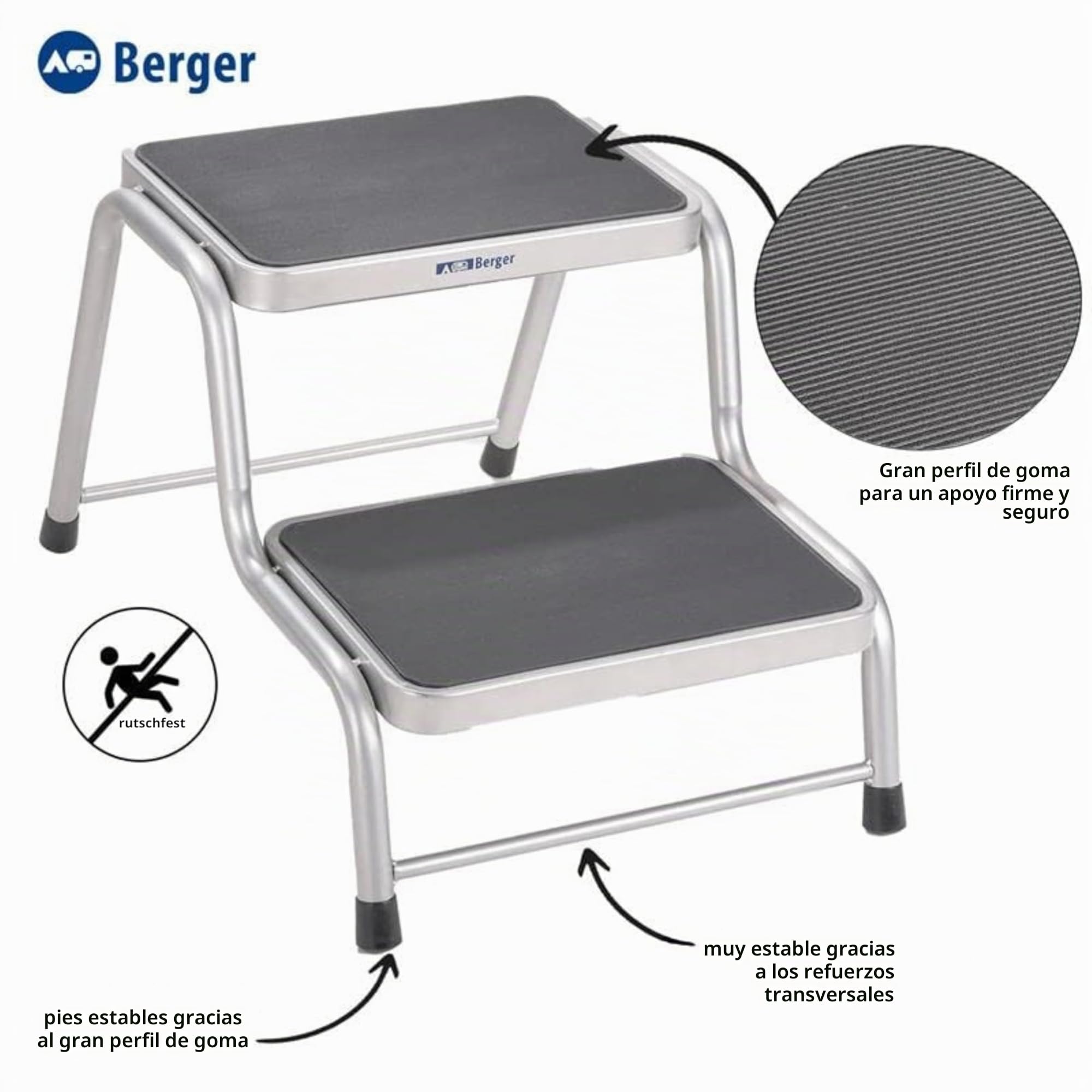 BERGER | Escalera Dos peldaños, Taburete 2 peldaños para Caravana, Peldaño Caravana, Escalon Autocaravana y Caravana, Taburete de Acero Plata/Negro escalón Antideslizante y Resistente