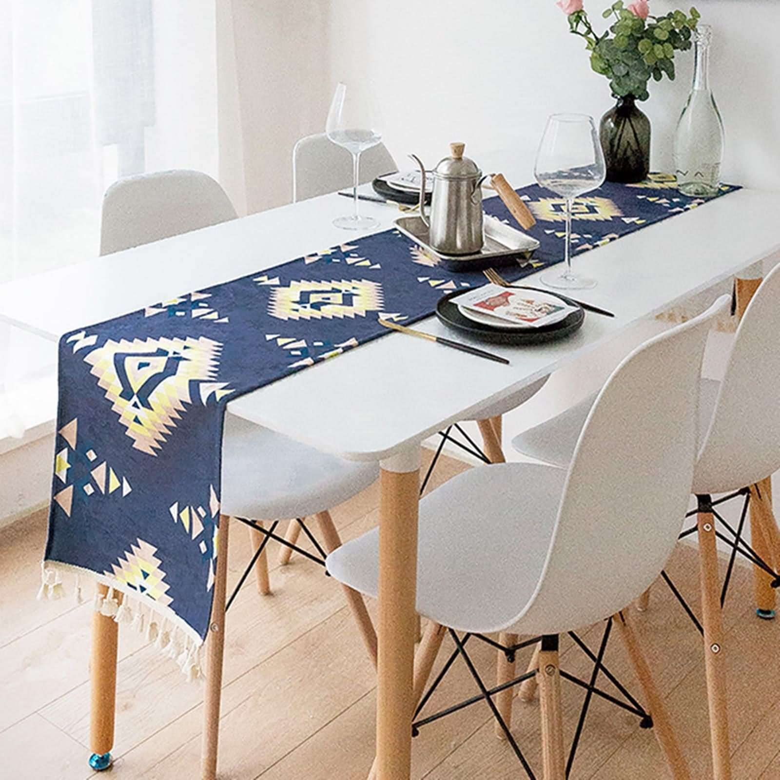 Caminos de Mesa Rusticos, Mesa Comedor Decoracion Patrón de Triángulo Geométrico con Borlas Azul Marino Poliéster 43x320CM