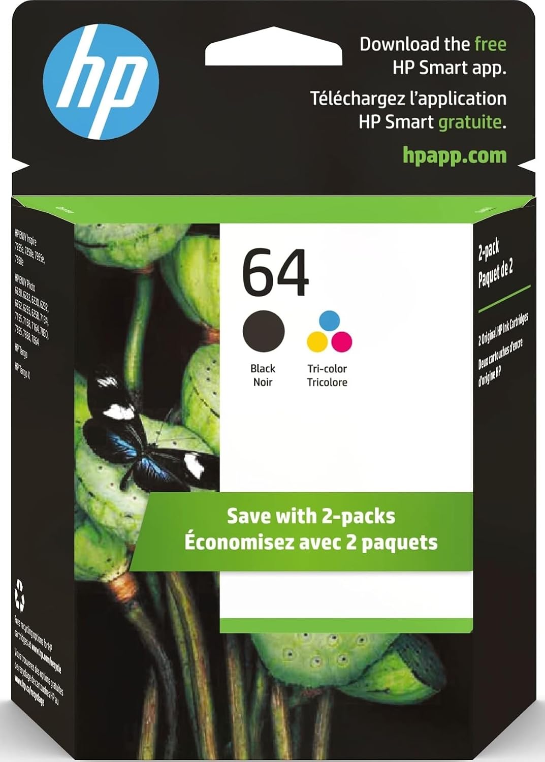 HP 64 Black & Tri-Color Ink Cartridges Printers (Combo Pack) | Works with Printer Series: Inspire 7950e; Envy Photo 6200, 7100, 7800; Tango | Eligible for Instant Ink | X4D92AN