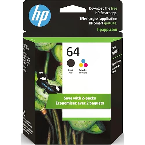 HP 64 Black & Tri-Color Ink Cartridges Printers (Combo Pack) | Works with Printer Series: Inspire 7950e; Envy Photo 6200, 7100, 7800; Tango | Eligible for Instant Ink | X4D92AN