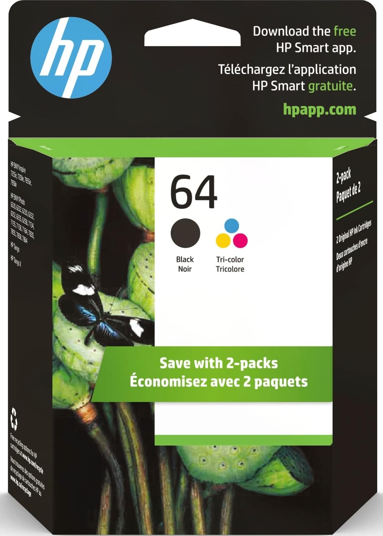 HP 64 Ink Cartridges, 2-Pack (Black & Tri-Color)