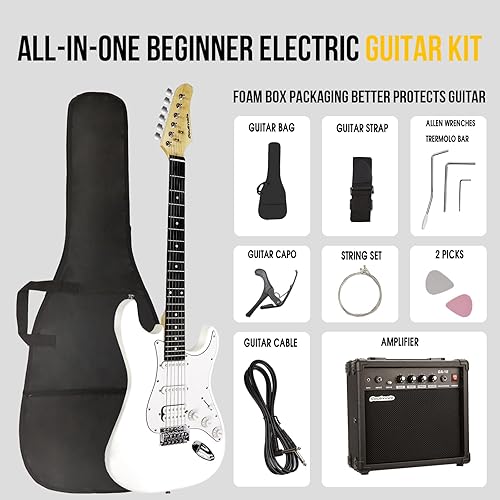 Miniatura 3 de Soulmate Kit de iniciación de guitarra eléctrica de 39 pulgadas para principiantes, pastillas HSS, amplificador de 15 W, cejilla, correa, cuerdas,
