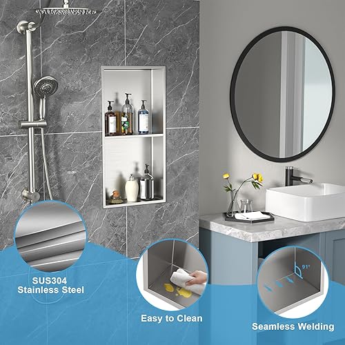 Miniatura 4 de Nicho de ducha de acero inoxidable, 12 x 24 pulgadas, estante doble de acero inoxidable, decoración rectangular, para baño, nicho de pared, jabón,