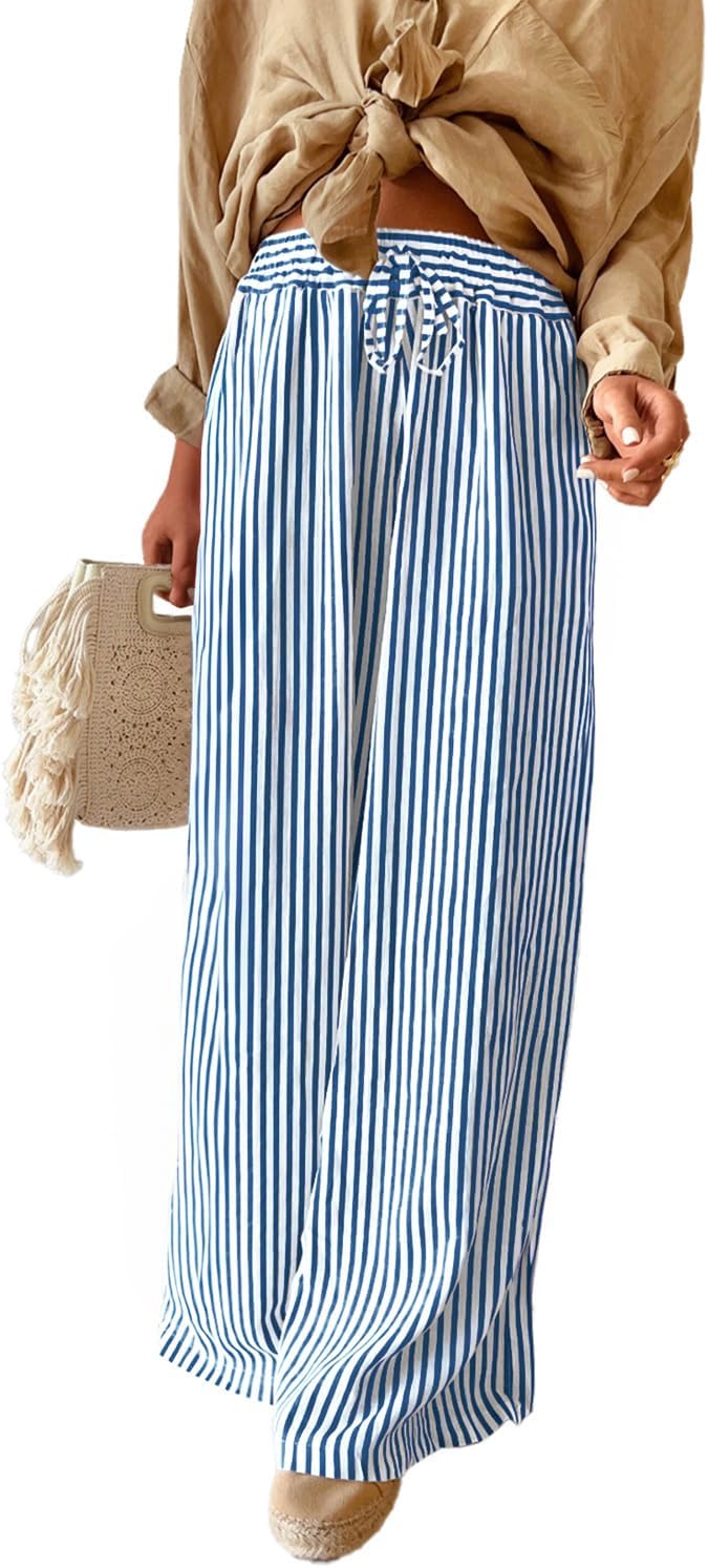 Acelitt Women Casual Drawstring Elastic Waist Striped Wide Leg Pants with Pockets, S-XXL