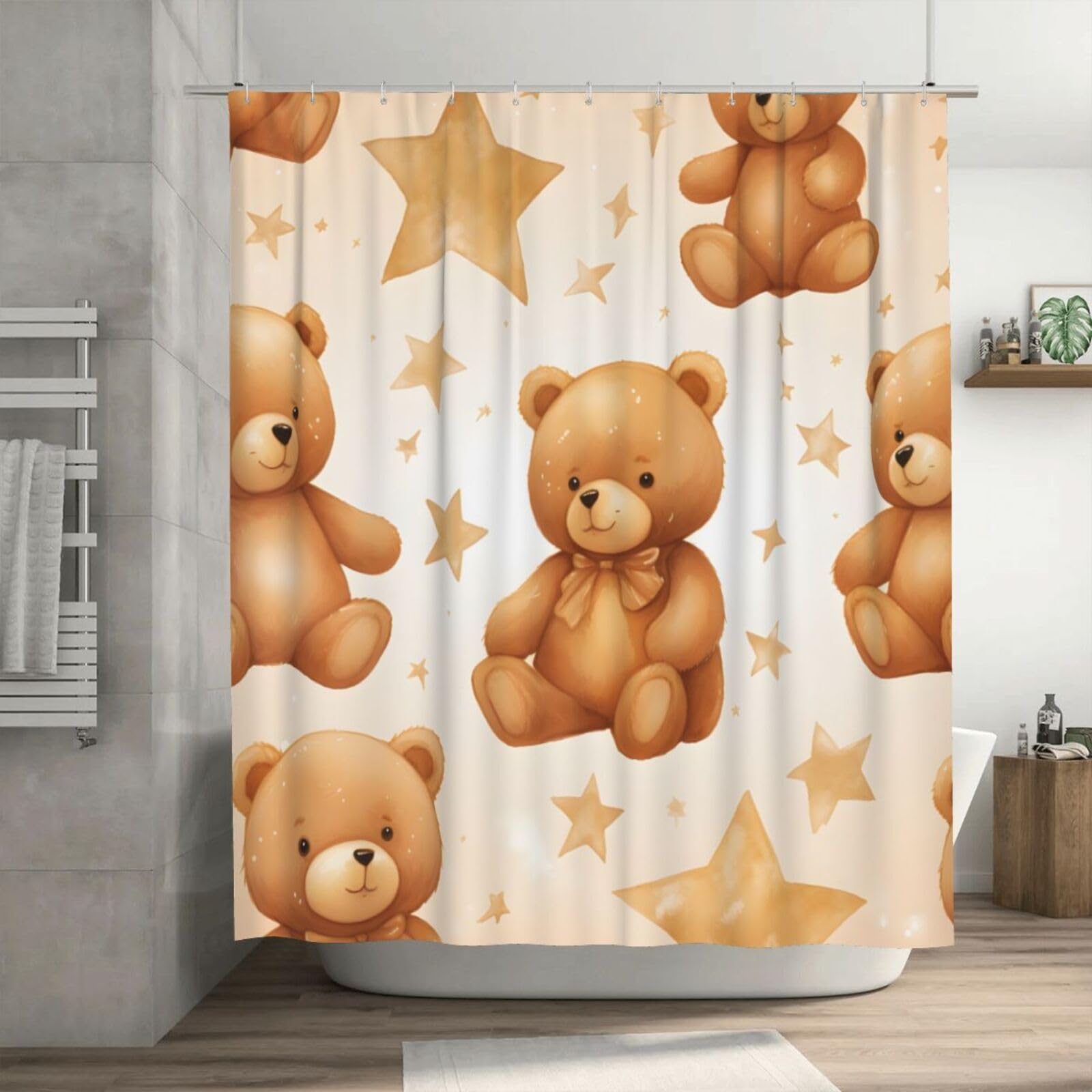 – Shower Curtain Honey Bear Star Pattern Bath Curtains 183x183cm Waterproof Polyester Fabric Bathroom Curtain With Rust-Proof Hooks And Grommets, Washable Quick Dry