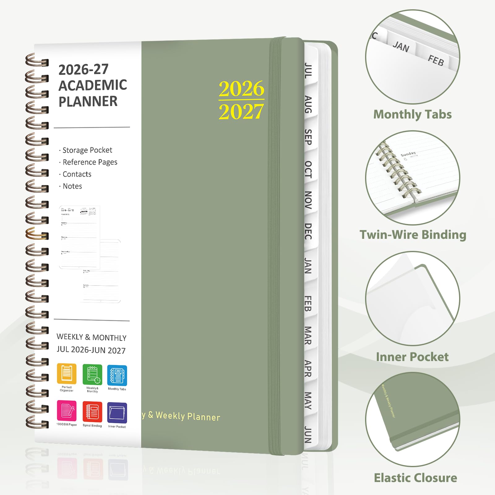 Agenda scolaire hebdomadaire et mensuel 2026-2027 de juillet 2026 à juin 2027 à couverture rigide pour accessoires de bureau et fournitures scolaires – Format A5 (16,3 x 21,6 cm)