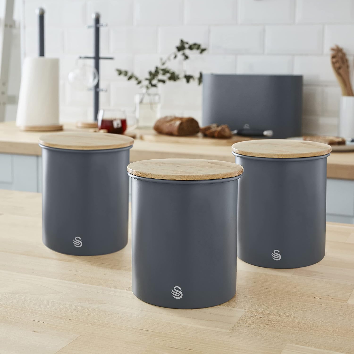 Swan Nordic Set of 3 Air Tight Storage Cannisters for Tea, Coffee and Sugar, Carbon Steel with Bamboo Lid (Slate Grey)
