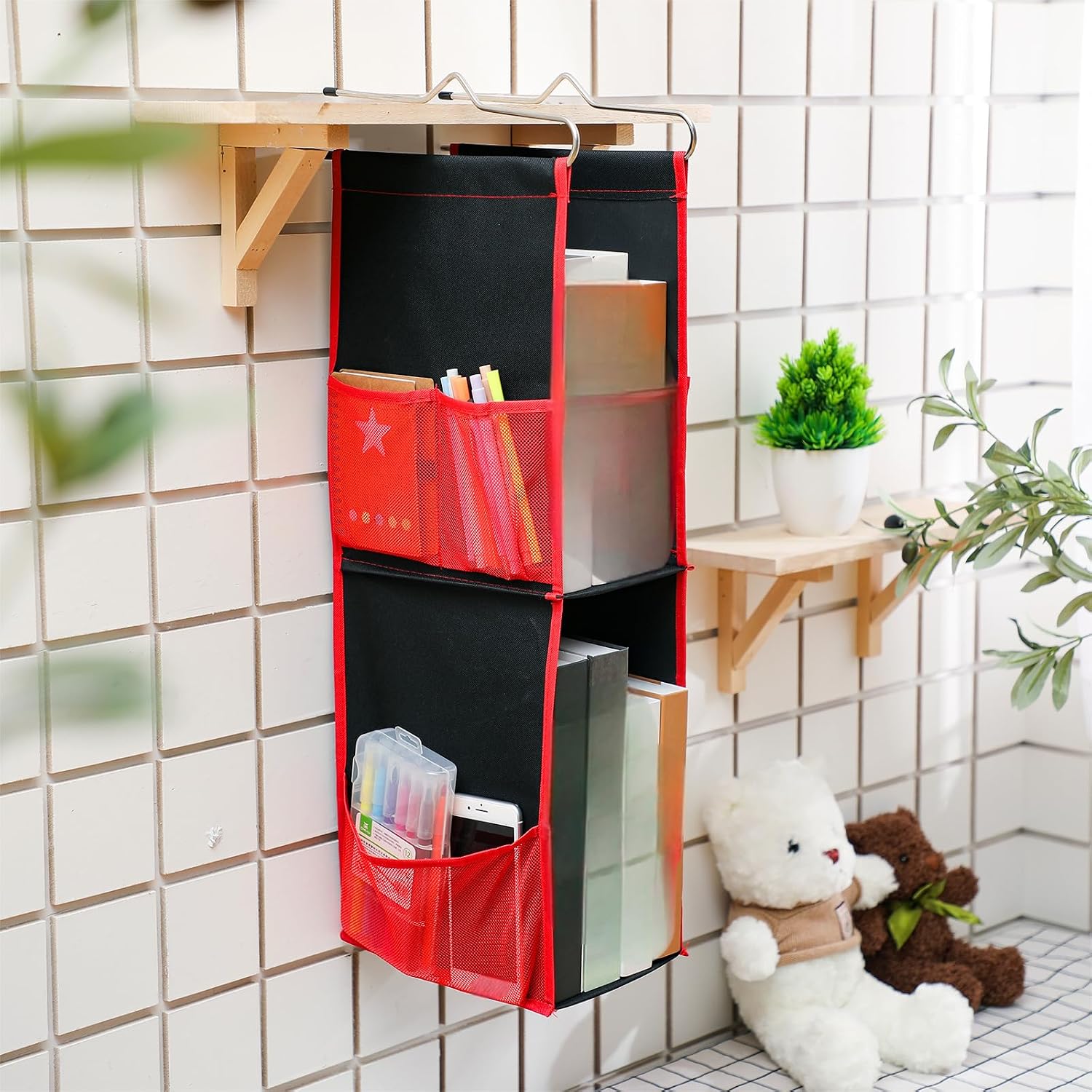 1 PC Hanging Locker 2 Layer Shelves Hanging Locker Organizer Accessories for Office School Gym Closet Home Supplies(Red)