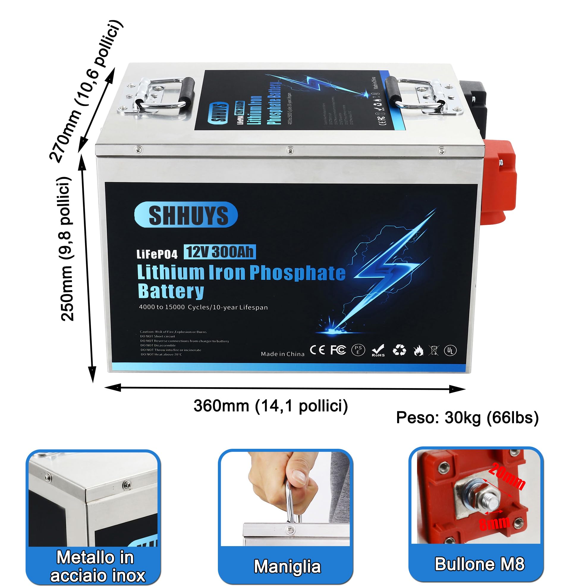 Batteria LiFePO4 12V 300Ah Litio, 200A BMS Integrato, 3840Wh di Energia, Fino a 15000 Cicli e 10 Anni di Durata – Ideale per Off-Grid, Camper e Impianti Solari