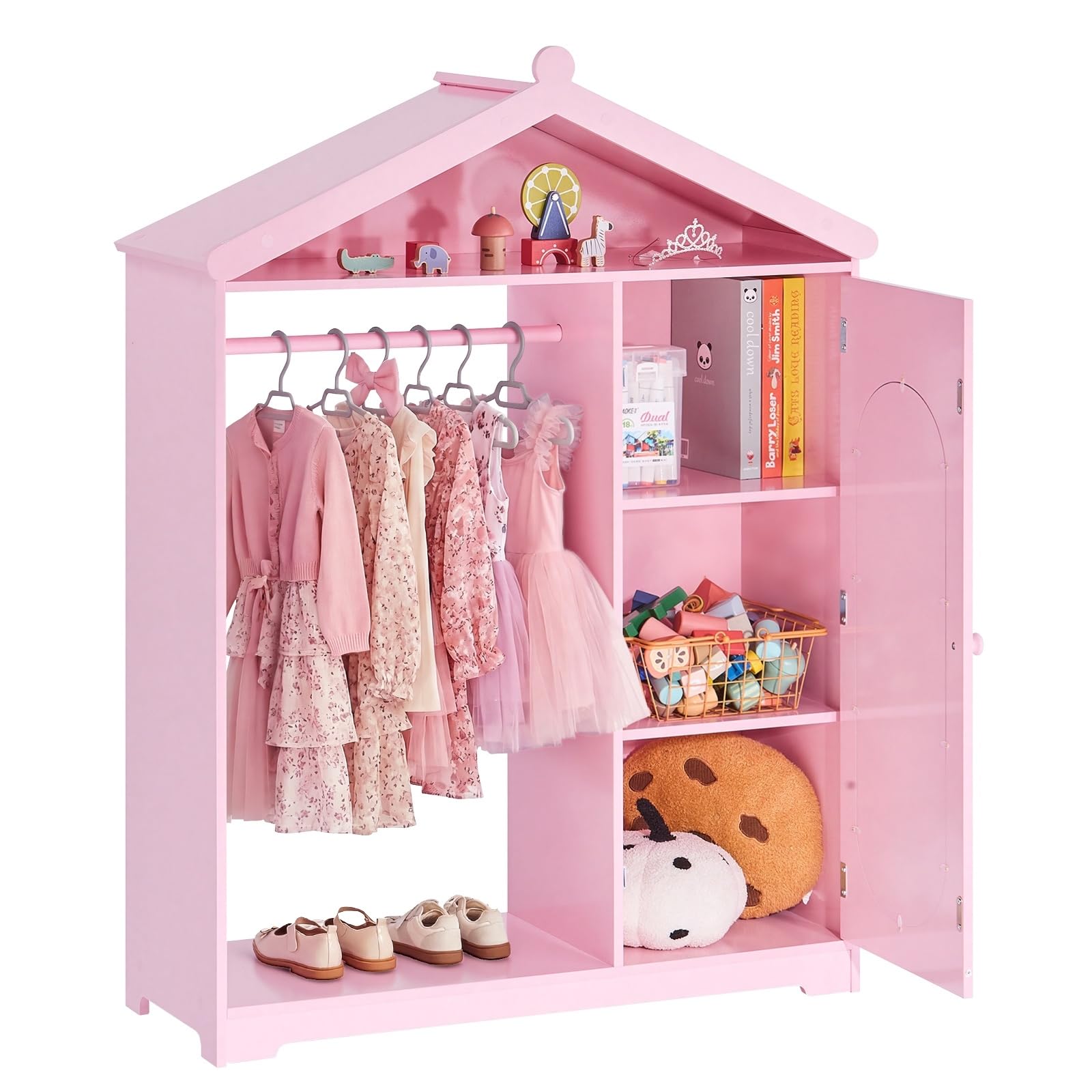 VEVOR Armadio per Bambini con Specchio per Cameretta, Guardaroba per Bambini Colore Rosa, Appendiabiti Organizer per Costumi Giochi di Ruolo da Divertimento, per Giochi Travestimenti Camera da Letto