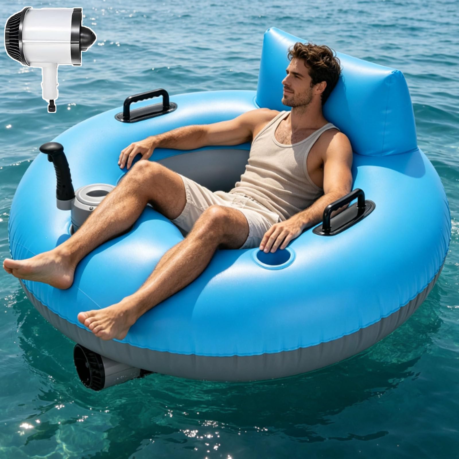 ErShangMao Summer Motorized Pool Float, Electric Inflatable Pool Lounger For Adults, 42in Pvc Floating Chair With 50w Drive, Cup Holder, Backrest, River Run Tube For Sea/Pool/Lake