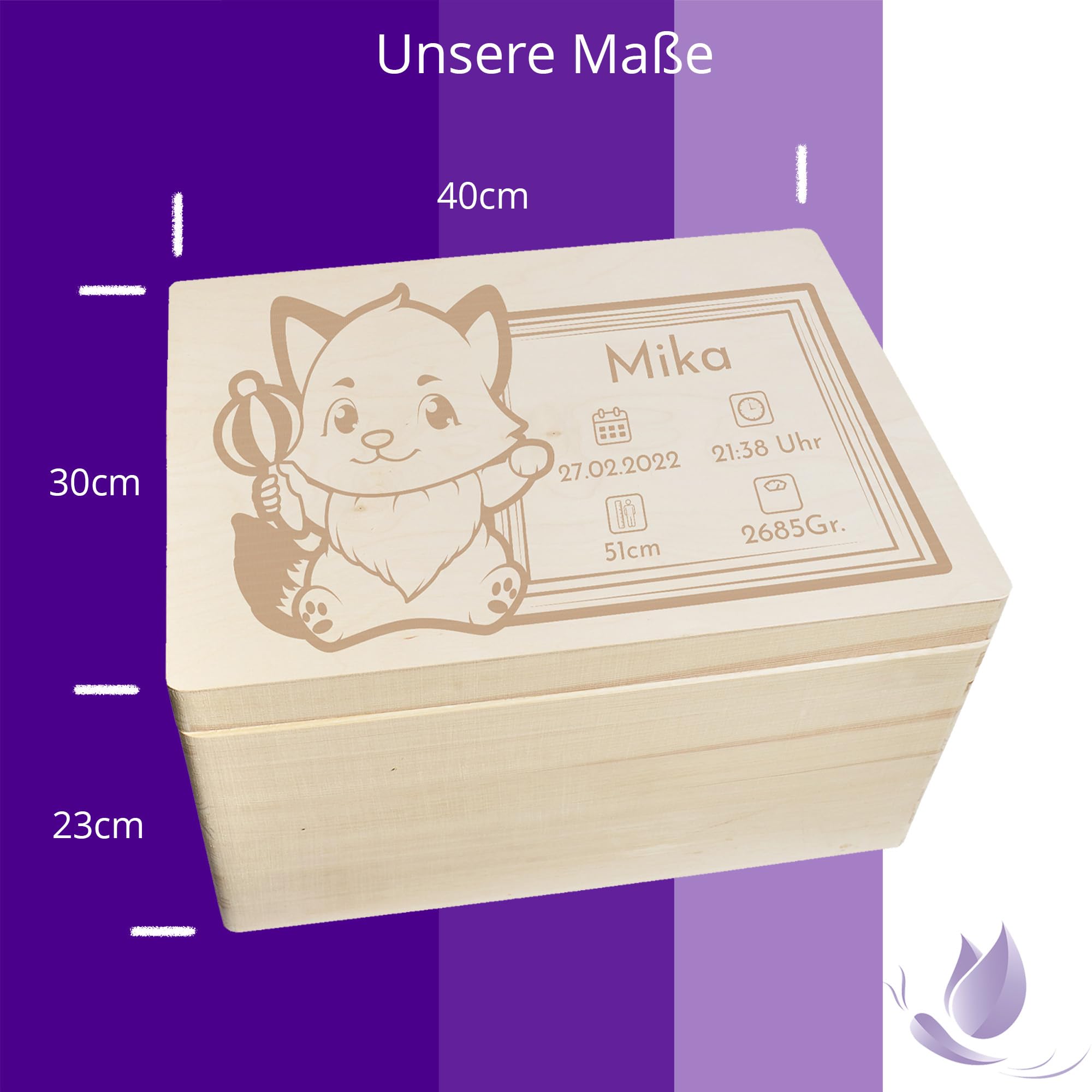 Scatola dei ricordi personalizzata per neonati e bambini con incisione volpe, scatola in legno per bei ricordi, 40 x 30 x 23 cm