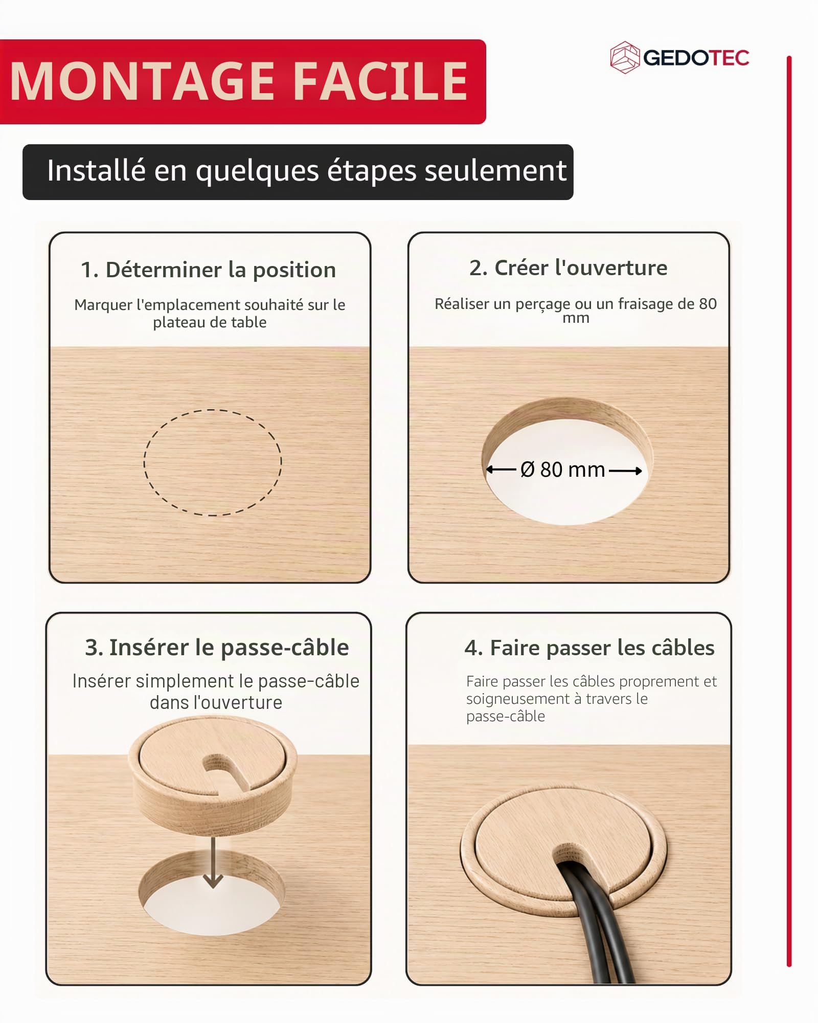Gedotec Passage de câbles en chêne laqué | Plain | 2 passages de câbles Ronds | Prise de câble Ø de perçage 80 mm | Passage de câbles à Coller dans Le Plan de Travail