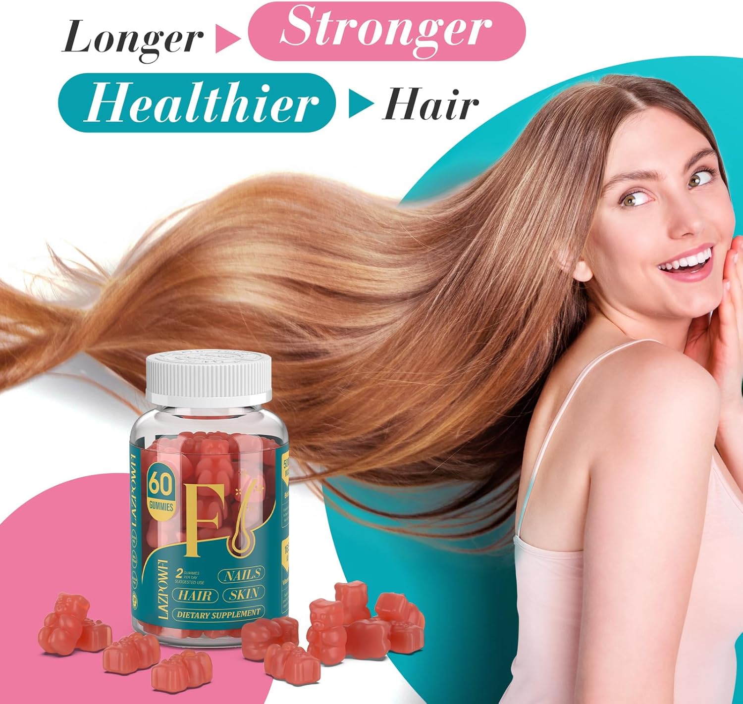 Biotin Gummies -Hair Skin and Nails Vitamins for Men & Women, Vegan Vitamin B7, Supports Hair Growth and Stronger Nails,30 Day Supply-Strawberry-60 Counts