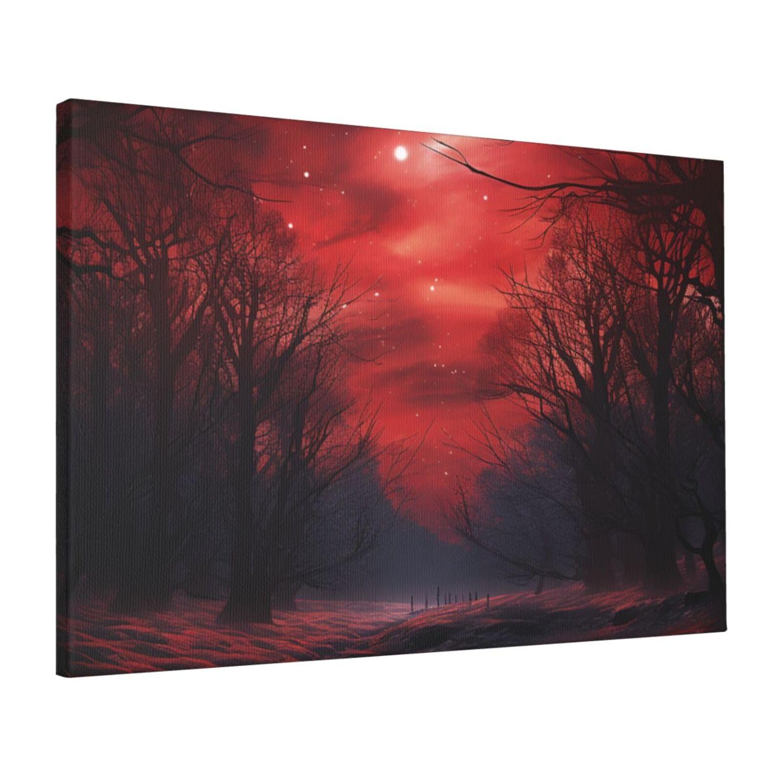 FodPand Canvas Wall Art for Living Room Wall Decor 16"x24" Modern Artwork Painting Pictures Hanging Canvas Prints Red Forest Night Sky Aesthetic Wall Art for Bedroom Bathroom Office Wallart Decor