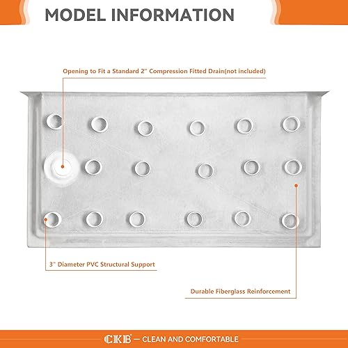 Miniatura 5 de CKB Base de ducha de drenaje izquierdo de 60 pulgadas de largo x 32 pulgadas de ancho, bandeja de ducha de un solo umbral con superficie texturizada