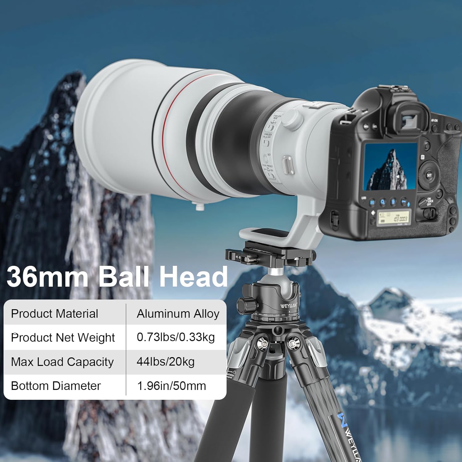 WEYLLAN EH36L Tripod Ball Head with Lever Release, 36mm Low Profile Heavy Duty Ball Head Mount with Arca Swiss Quick Release Plate for Camera Tripod Monopod DSLR Camcorder Telescope,Max Load 44lb/20kg