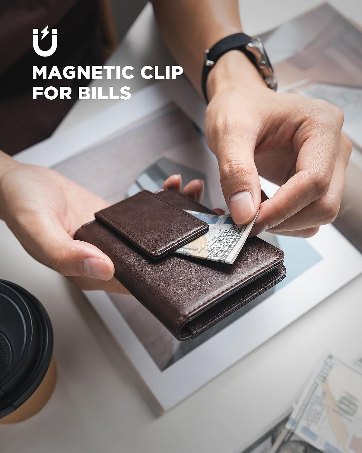 VULKIT Slim Wallet for Men RFID Blocking with Magnetic Money Clip, Leather Front Pocket Wallet Holds 11 Cards, Giftbox Packed, Coffee Brown