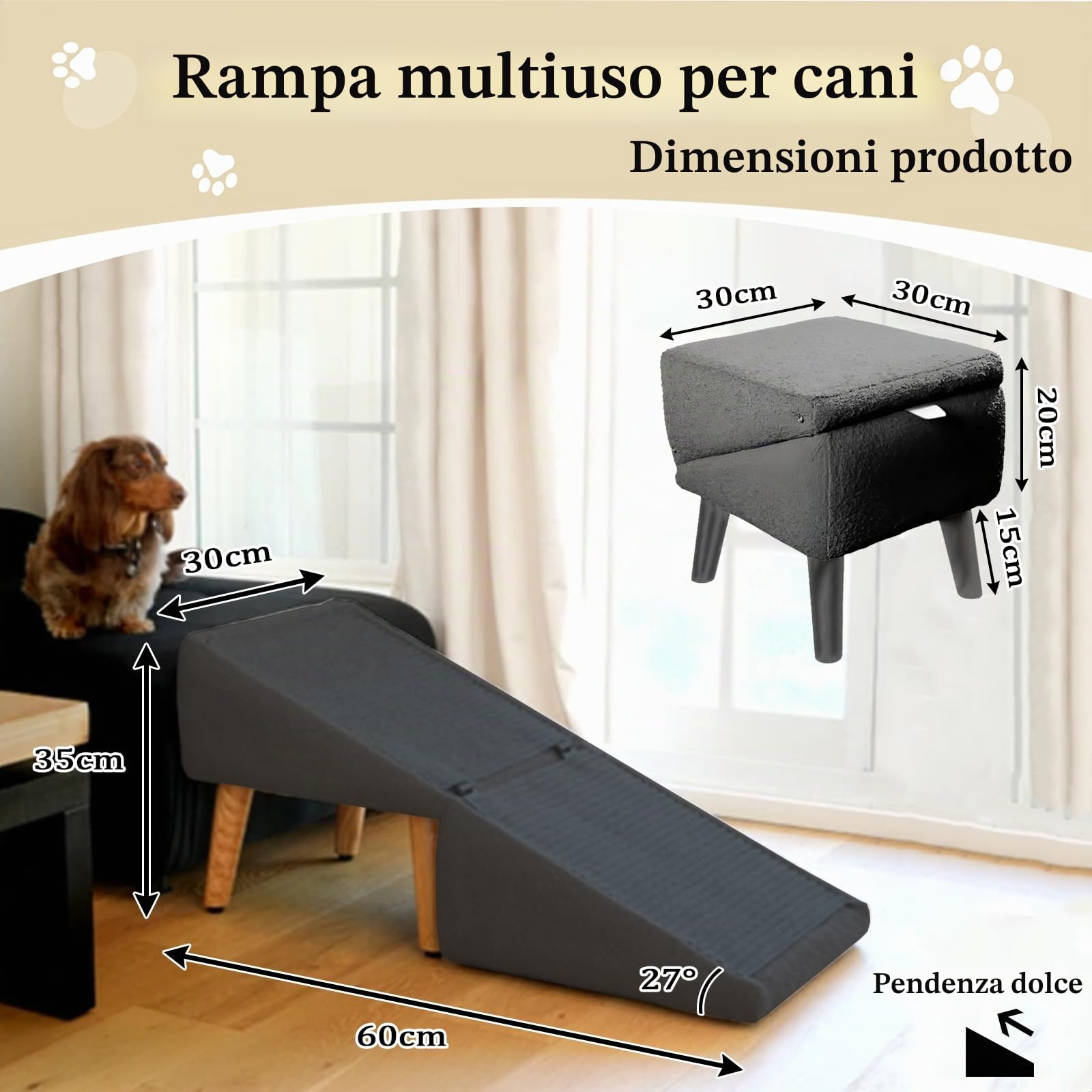 Scalini per Cani, Rampa per Cani Divisa in Due per Divano Letto Auto, Scale Multifunzionali di Piccola Media e Grande Taglia, Rampa per Animali Domestici con Superficie Antiscivolo,Nero