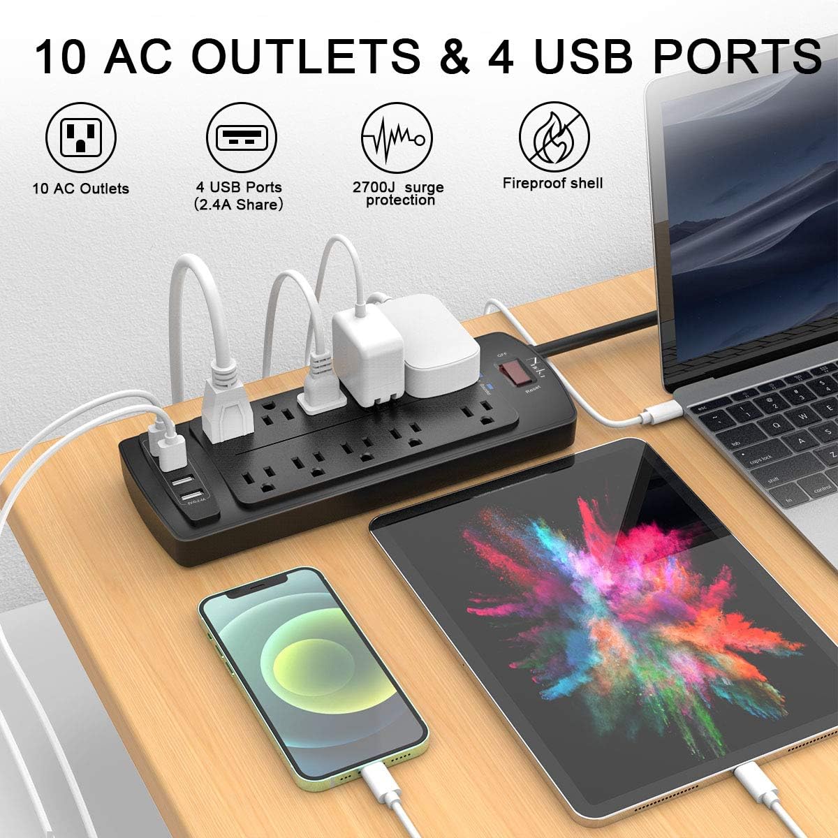 Power Strip, Nuetsa Surge Protector with 10 Outlets and 4 USB Ports, 6 Feet Extension Cord (1875W/15A) for for Home, Office, Dorm Essentials, 2700 Joules, ETL Listed, Black