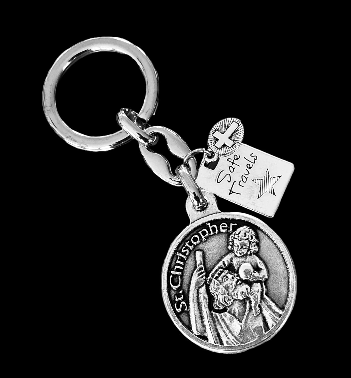 Saint Christopher Keychain – Safe Travels Patron Saint of Travelers Medal – Silver Key Ring with Cross – Protection Gift, Catholic Religious Jewelry, Inspirational Travel Keepsake