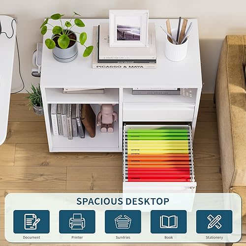 Miniatura 4 de MIIIKO Archivador de oficina sobre ruedas, gabinetes móviles Strorage, soporte de impresora de metal, archivador rodante con cerradura, gabinete de