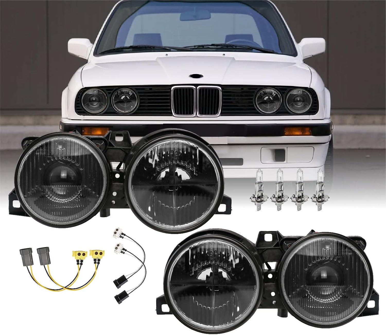 USR DEPO 84-91 E30 3 Series Black Euro Smiley Projector Glass Lens Headlight Assembly (Left + Right) Compatible with 1984-1991 BMW E30 3-Series (Black Housing, Bulbs + Wiring Included, Plug n Play)