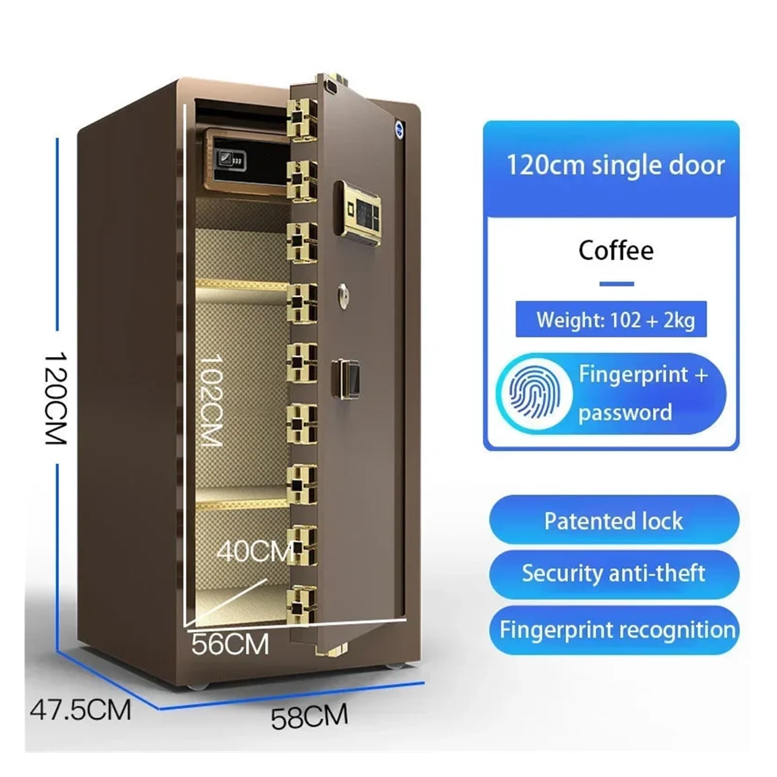 Sejf ze stali nierdzewnej do domu i biura, sejf antywłamaniowy, odcisk palca, hasło, ściana, wysokość 1,2 m do domu/biura(B type coffee gold)