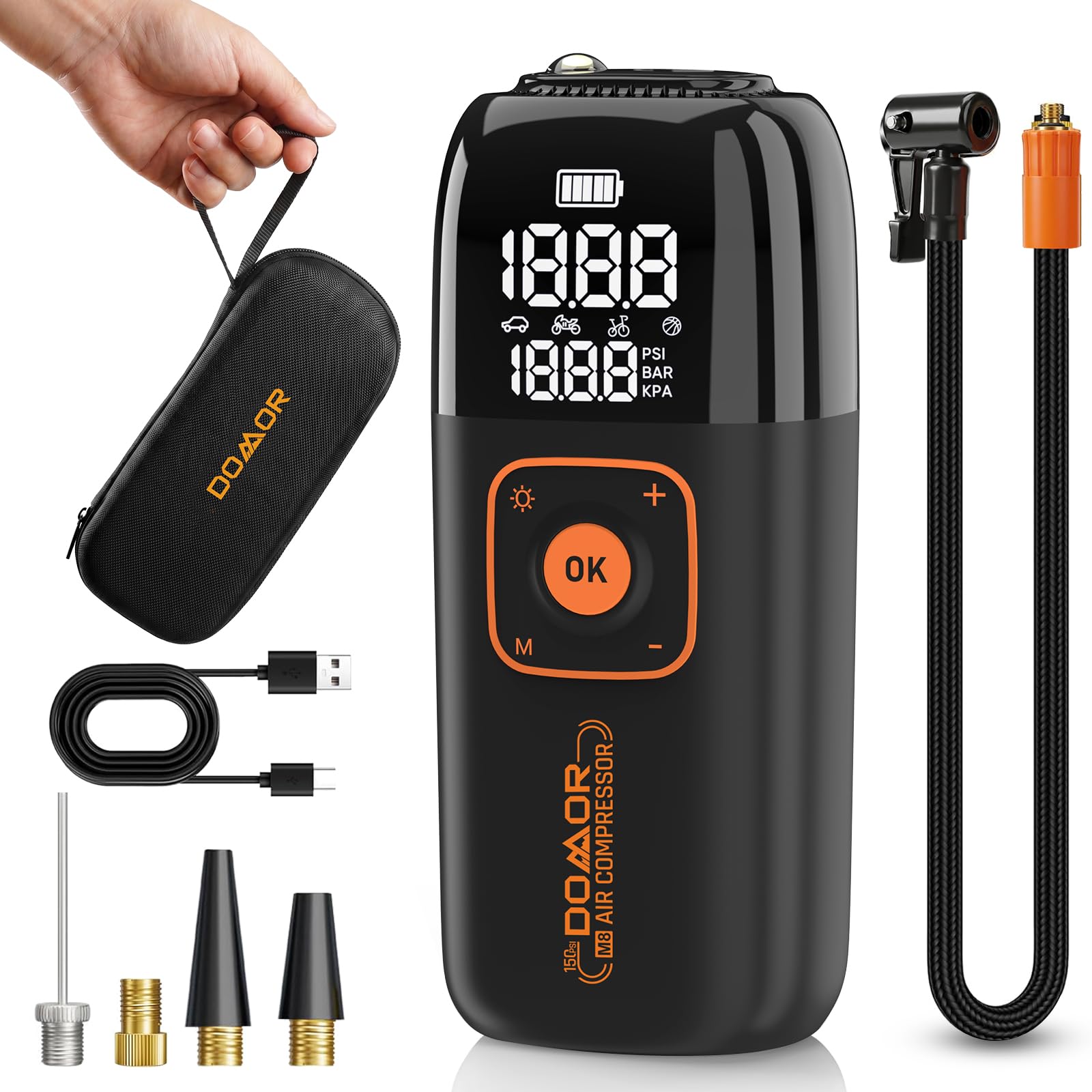 Gonfleur Pneus Voiture, Compresseur à Air Portatif sans Fil 150 PSI (10,35 Bar), Gonfleur Electrique, Pompe a Velo, Inflation Rapide, Arrêt Automatique, LED, pour Voiture, Moto, Vélo, Ballon