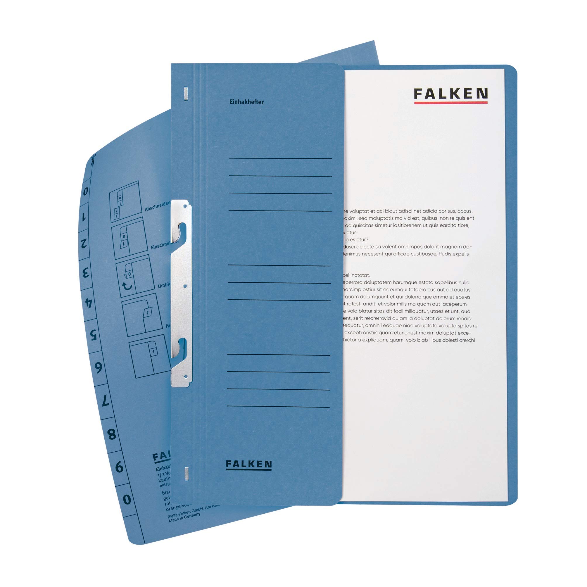 Original Falken 10er Pack Recycling-Ordner Wolkenmarmor 5 cm schmal DIN A4 schwarzer Rücken und Falken Einhakhefter halber Vorderdeckel kfm. Heftung blau 50er Pack