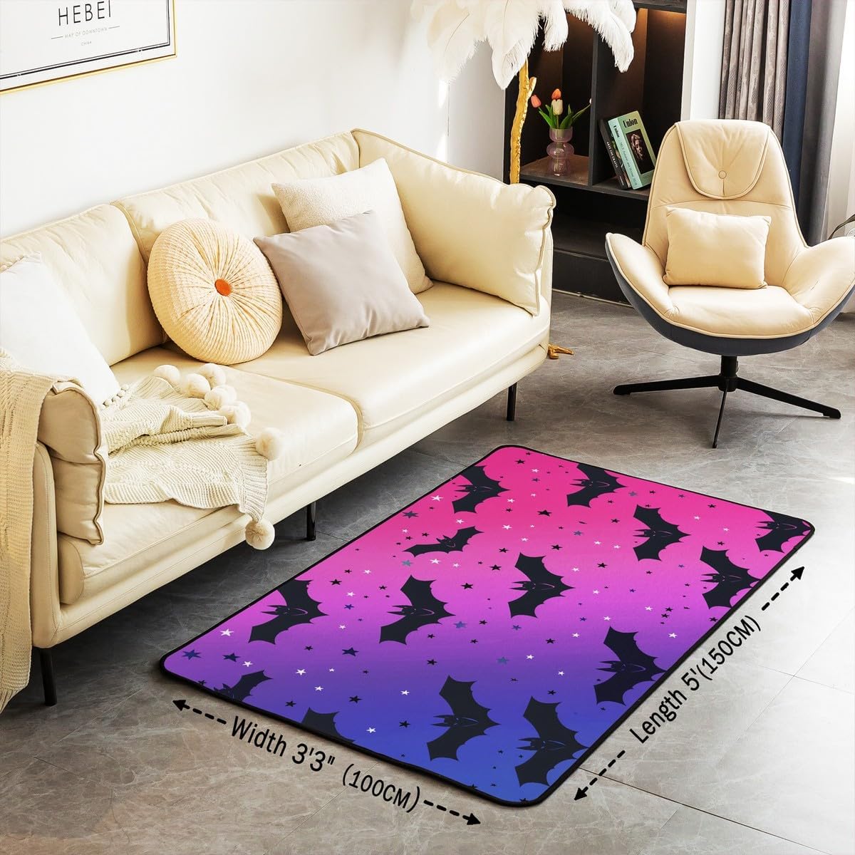 Erosebridal Halloween Area Rug 3x5, Bats Galaxy Gradient Kids Teens Rectangular Carpet for Living Room Bedroom, Festival Rainbow Printed Non Slip Indoor Floor Mat, Purple Pink Animals Decorative Rug