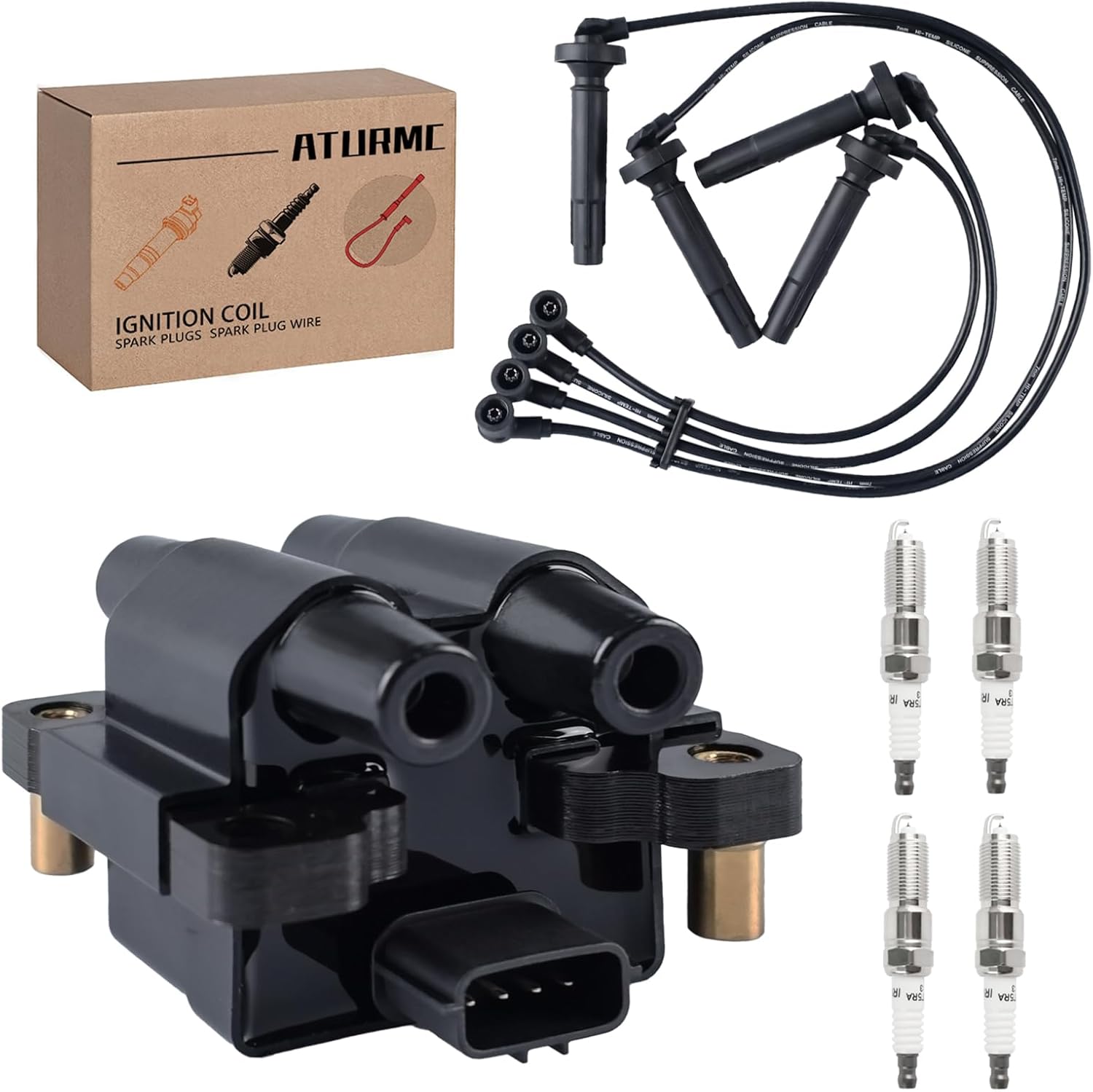 Set of 1 Ignition Coils Pack UF538 UF-566 22433-AA500 22433-AA580 with 4 Iridium Spark Plugs and Spark plug Wire Set Compatible with Subaru Outback Forester Impreza Legacy Saab 9-2X H4 2.5L