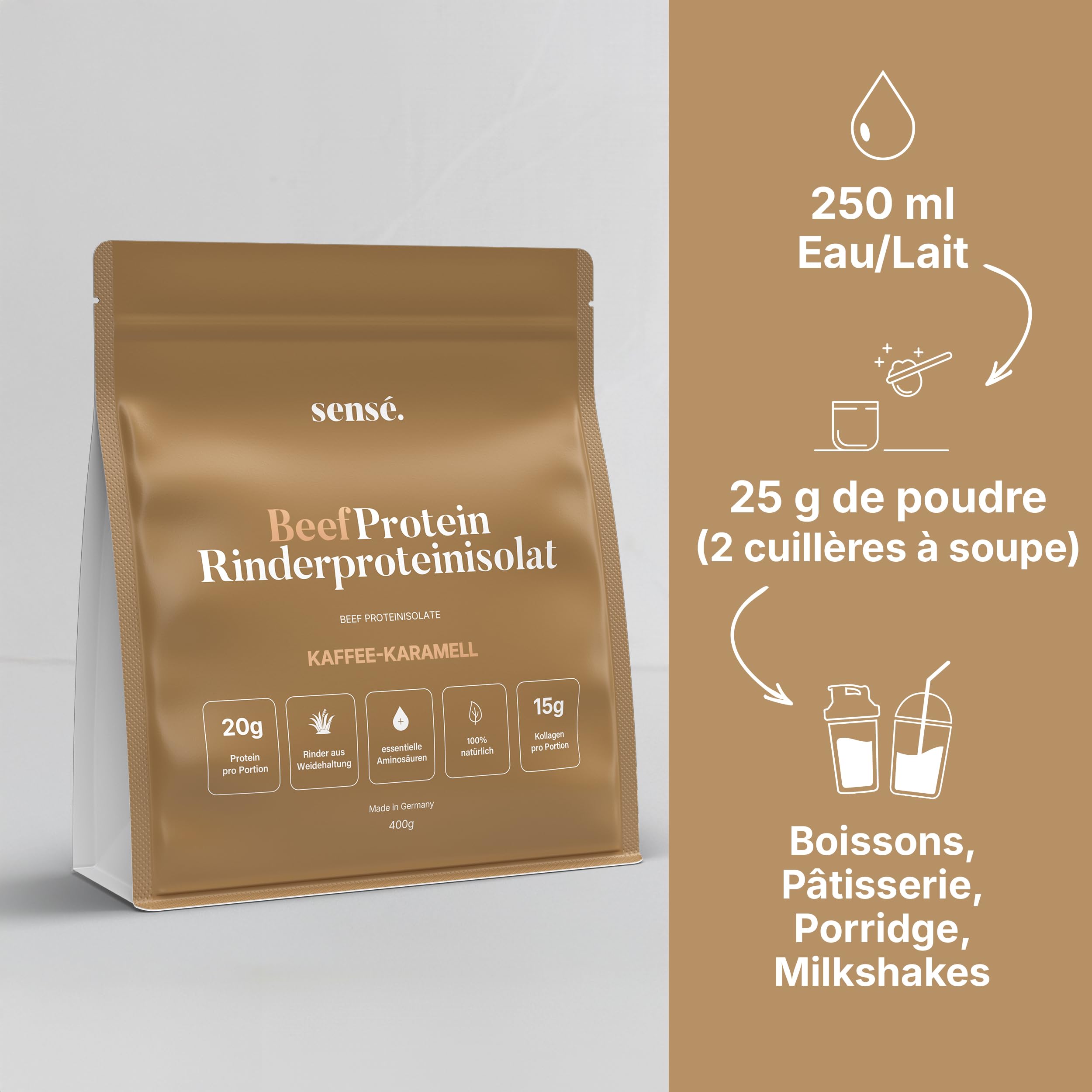 Poudre de protéines de bœuf au café et au caramel 400 g - 100% naturel | 20 g de protéines | 5% de café instantané et d'écorces de psyllium | Bioactif | Collagène 1, 2 et 3 | Bouillon d'os de bœuf