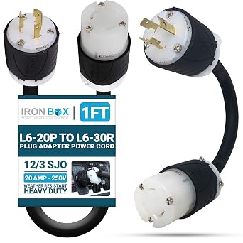 IronBox Electric L6-20P to L6-30R Plug Adapter Power Cord - 20A/250V, 12/3 SJO - UL Listed Power Extension Cable - Heavy Duty Plug and Connector for Generator, Camper, Data Centers & More 1ft, Build