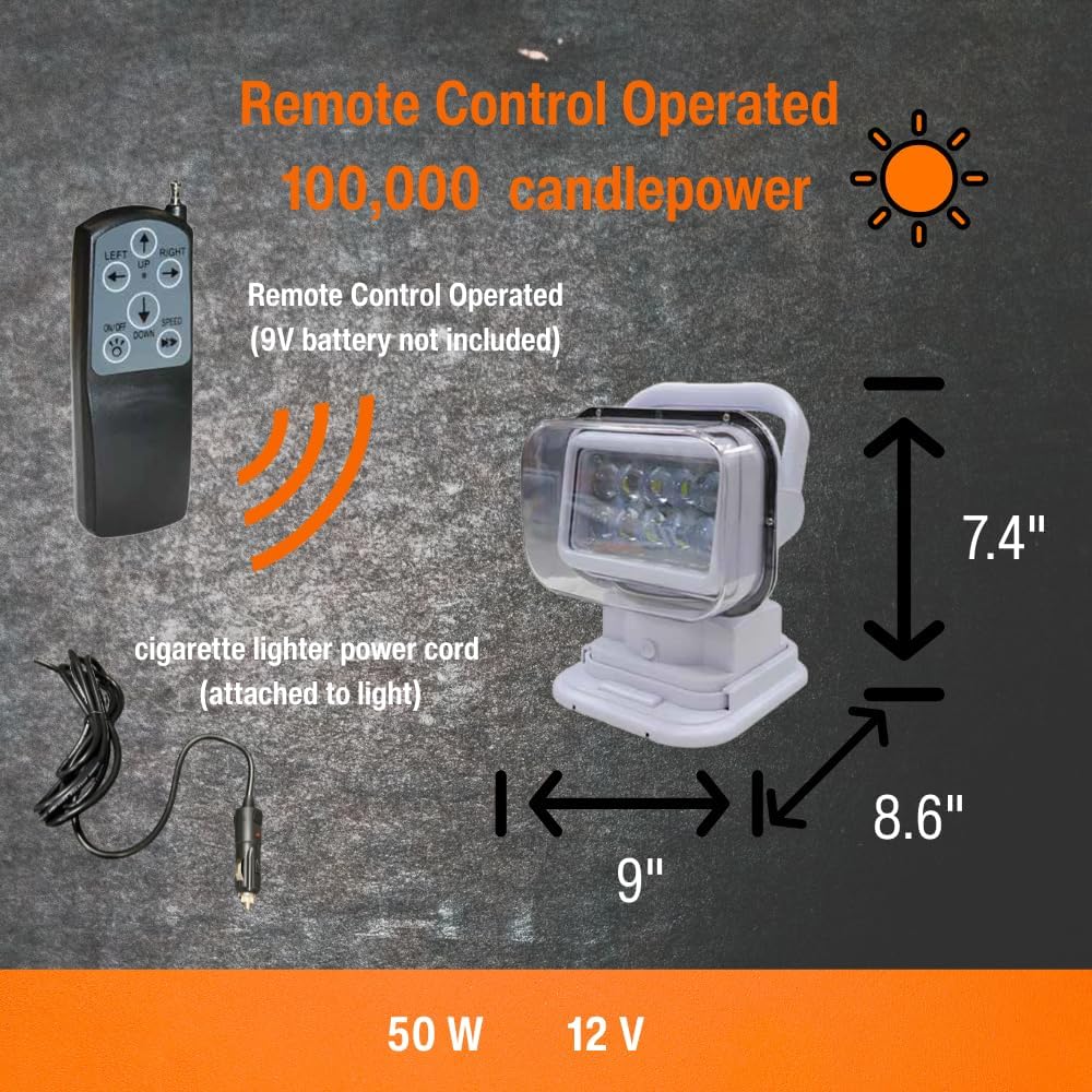 Railhead 12V LED Remote Control Spotlight for Off Road Trucks and Marine Boats Outdoors, 50W 100000 Candlepower Weatherproof Search Light with Base, White RH-RCL150W