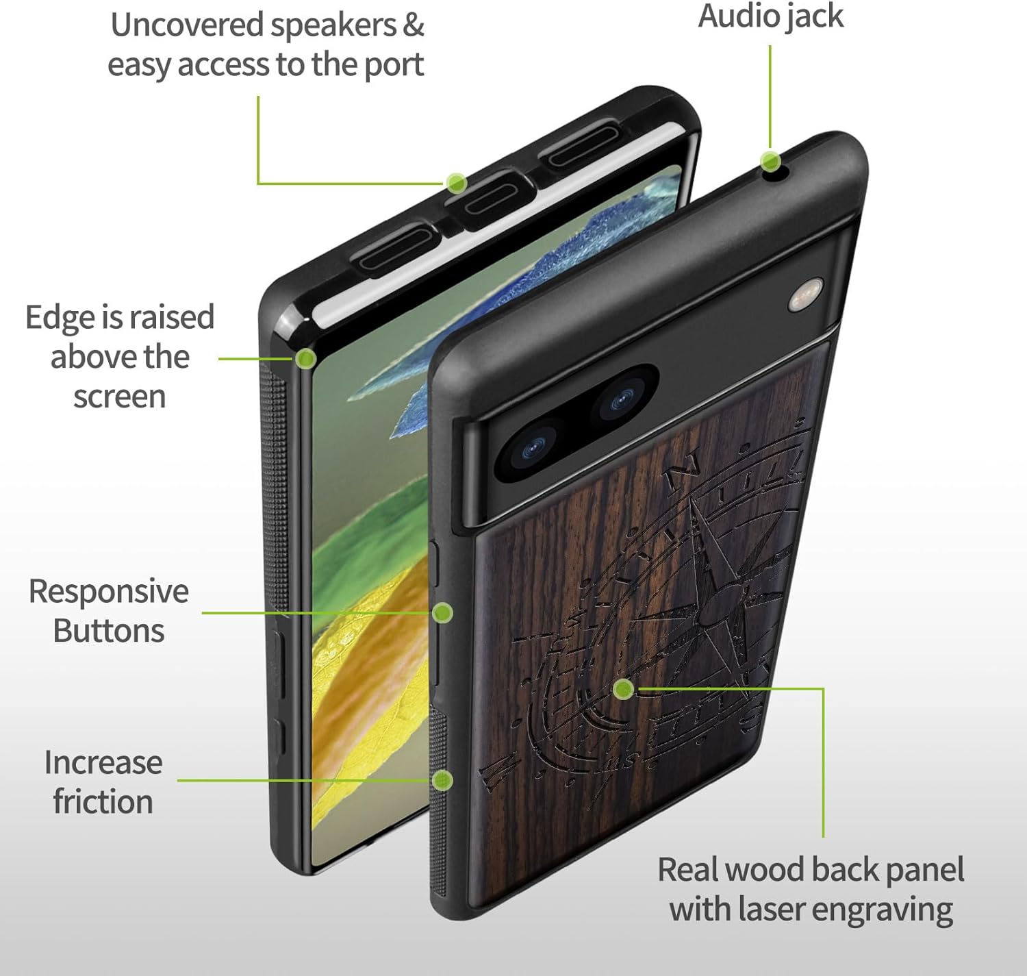 Carveit Wood Case for Pixel 8a - Natural Wood & Black Soft TPU Shockproof Protective Cover - Unique Wooden Case Compatible with Google Pixel 8a (Incomplete Compass-Blackwood)