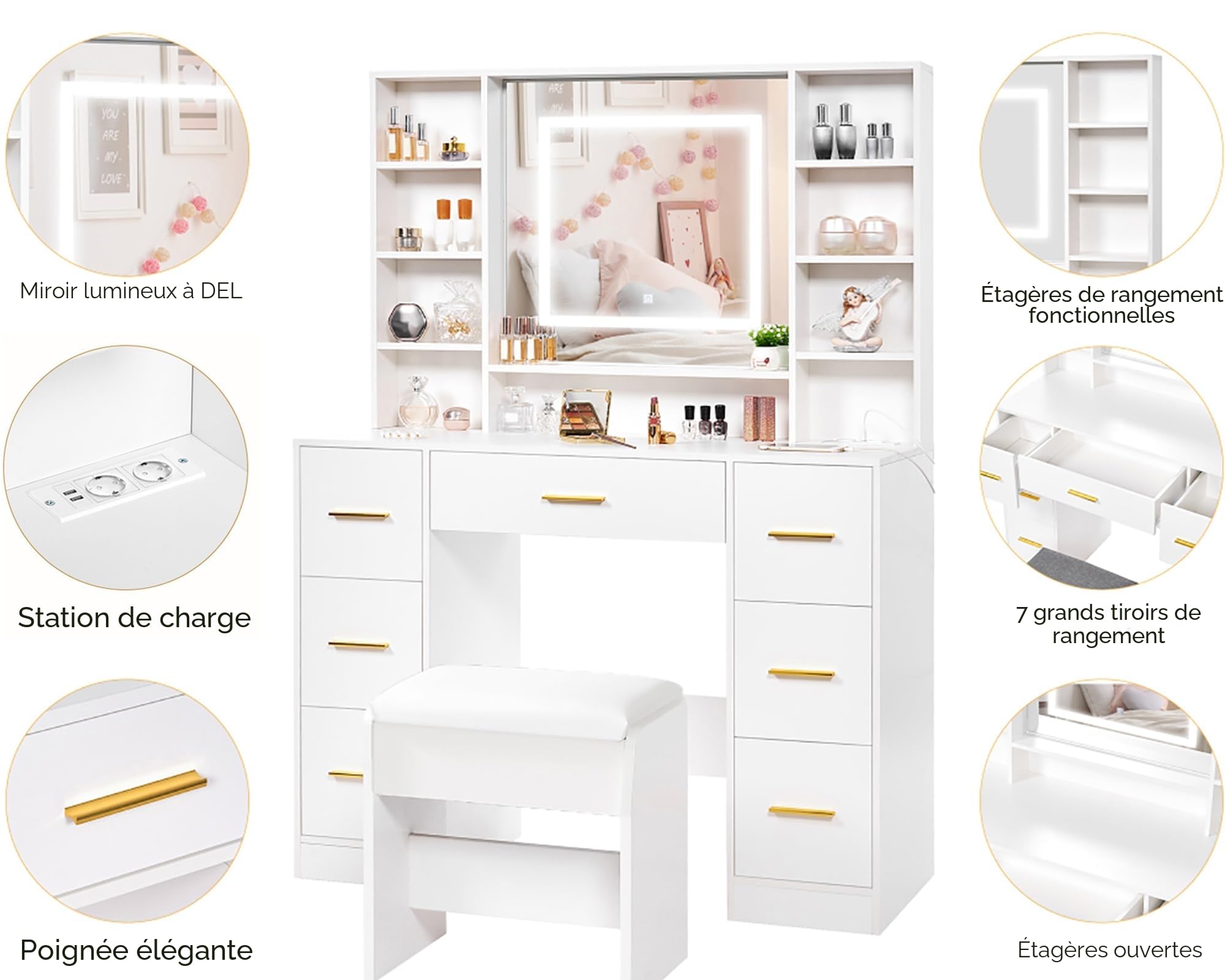 ANWBROAD Grande Coiffeuse avec Miroir et Tabouret Éclairage LED Réglable 3 Couleurs et Prises Blanche Moderne 7 Tiroirs 4 Étagères Rangement Ouvertes Coiffeuse 140x100x40cm BDT65W
